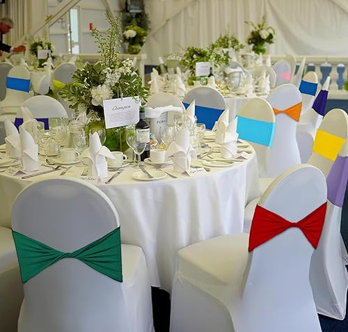 Vista 15 de MDS - Paquete de 25 bandas elásticas de elastano para silla sin hebilla, para decoración de bodas y eventos, color berenjena Berenjena,Azul