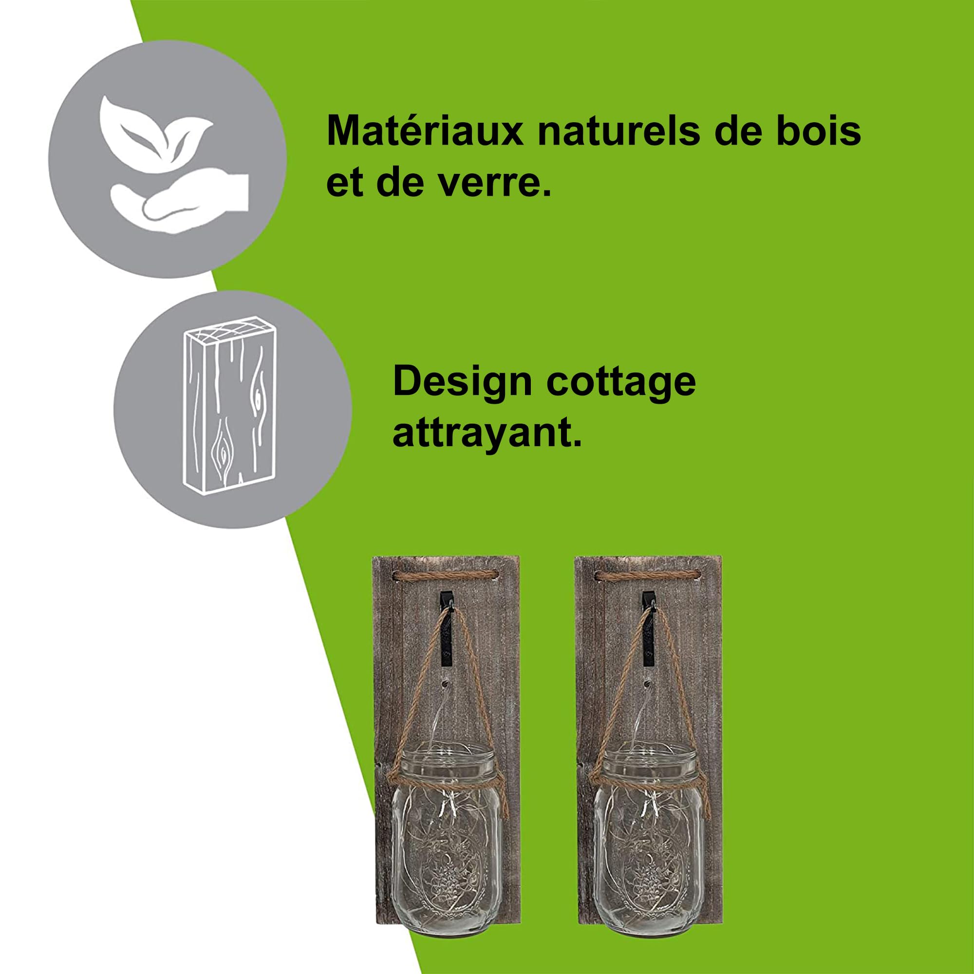 ISOTRONIC Set de 2 appliques murales LED en verre – Décoration bocaux Mason avec guirlande et planche en bois – Style rustique à piles – Bocaux à remplir soi-même pour jardin, salon et terrasse