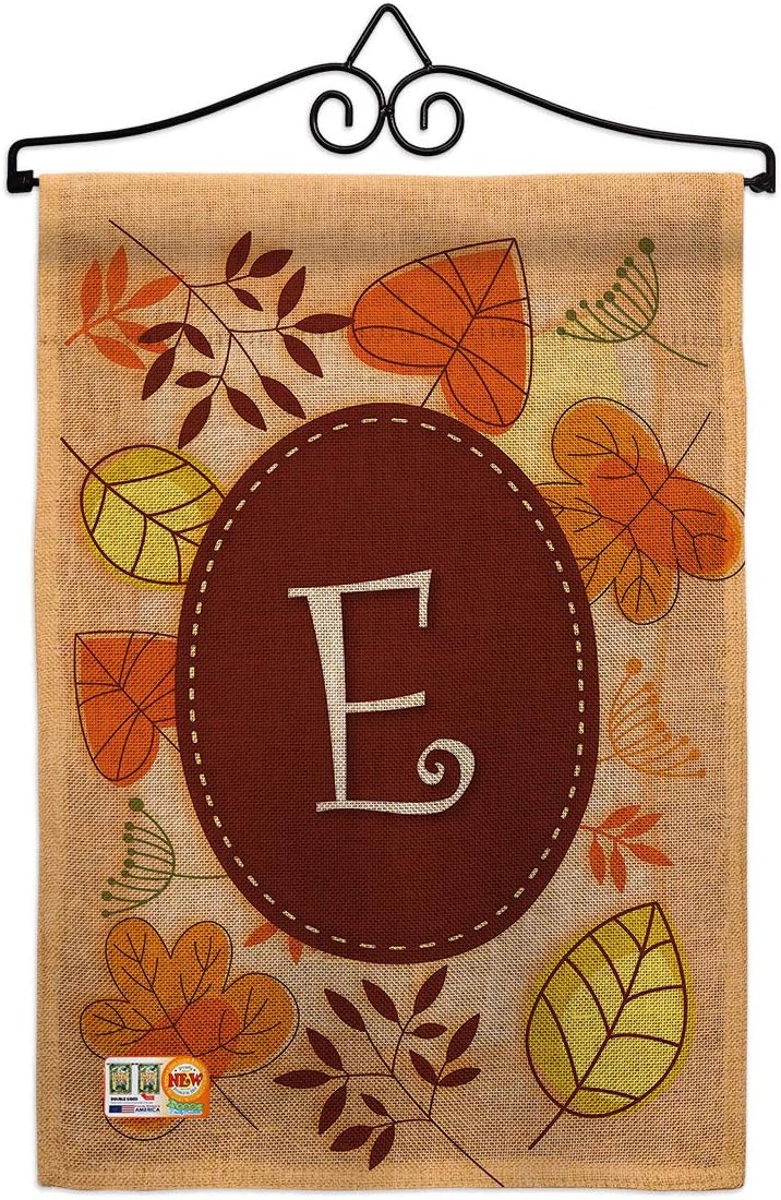 Autumn E Initial Garden Flag Set with Stand Monogram Falltime Harvest Scarecrow Pumkins Sunflower Leaves Season Autumntime Gathering Small Gift Yard House Banner Made In USA 13 X 18.5