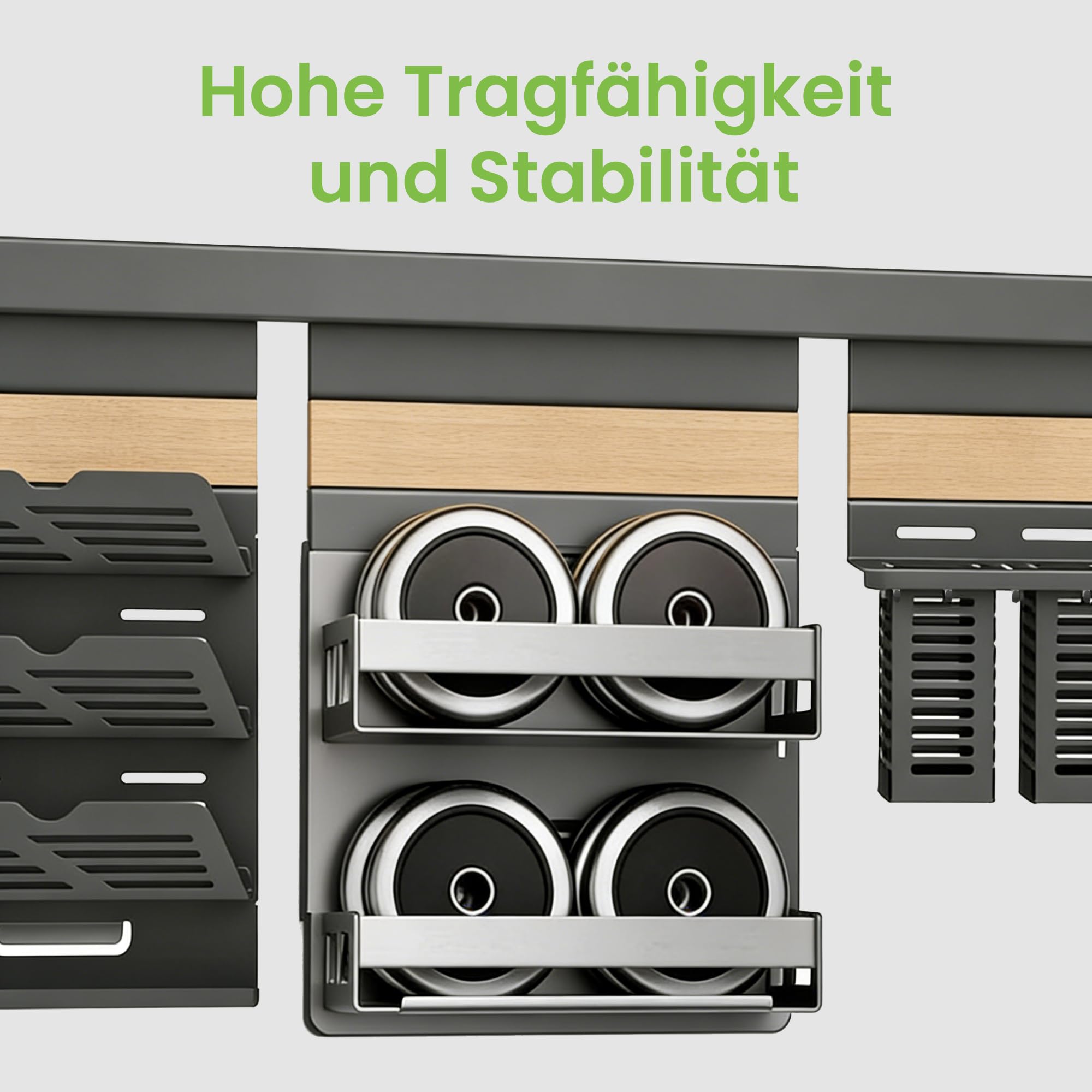 Mai & Mai 2-Stöckiges Gewürzregal mit Topfdeckelhalter und Besteckhalter | Küchen Organizer abnehmbar, Küchenregal Wand Metall inkl. Handyhalter und 5 Haken, Schiene 82 cm Grau Reglo-09-11-12