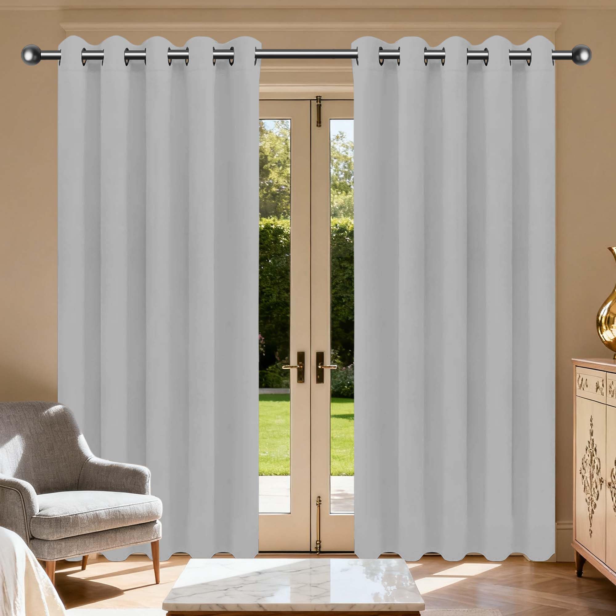 Rideau phonique 340x300 cm gris clair en polyester anti bruit pour grand salon