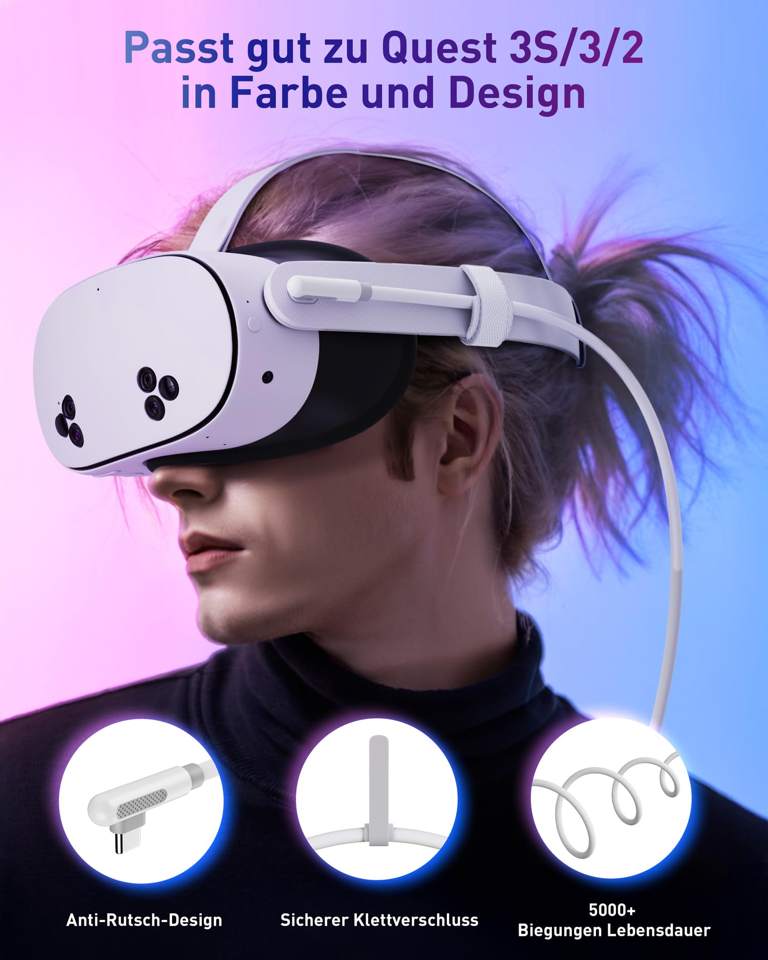 Maxonar Link Kabel mit Ladeanschluss 5m High Speed 5Gbps USB 3.0 to USB-C Kabel, Kompatibel mit Meta Quest 3/Quest 3S/Oculus Quest 2/Pico 4, PC Steam VR Headset Zubehör (Weiß)