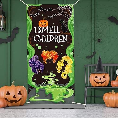 Miniatura 4 de Decoración de puerta de Halloween, cubierta de puerta de bruja de Halloween, con texto en inglés "I Smell Children", letrero de decoración de pared