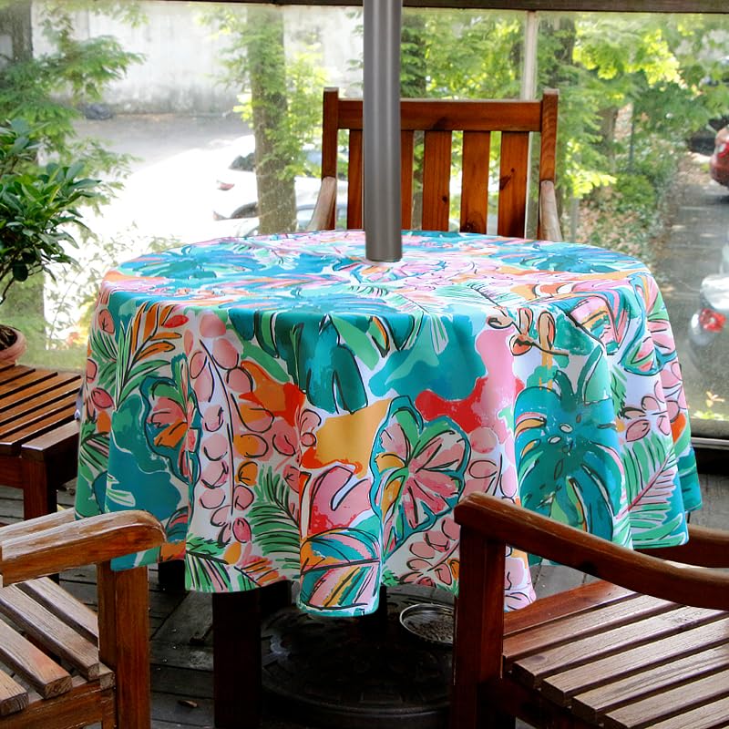 Image of EHouseHome Outdoor and Indoor 60inch Round Tablecloth with Umbrella Hole and Zipper, Waterproof Zippered Patio Cloths, Spring /Summer Table Covers for Backyard Circular Table /BBQs /Picnic