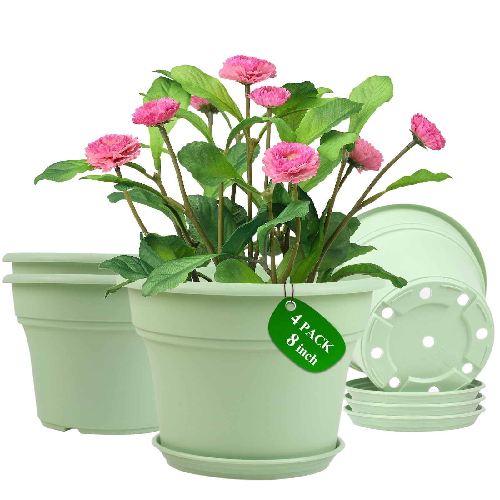 Pottiffe 8 Inch Plastic-Flower Pot-for-Indoor Plants, 4 Pack Large Outdoor Planter Pot with Drainage Holes & Saucers, Resin Decorative Garden Pots