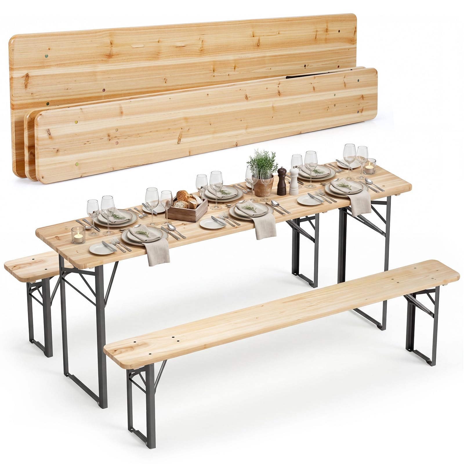 COSTWAY Set 3 Pezzi da Birreria Pieghevole, Tavolo e 2 Panche, Senza Montaggio, in Legno Massiccio e Metallo, per Giardino Campeggio Cortile (177 x 46 cm)