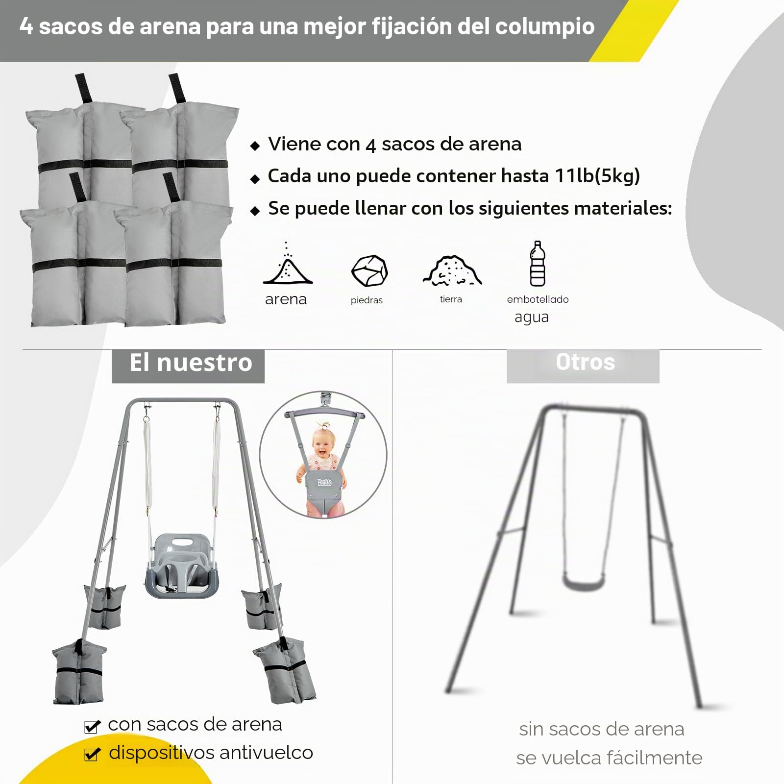 FUNLIO Juego de Columpios 2 en 1 con Saltador de Puerta para Bebés, Columpio y Rebotador para Niños de con 4 Bolsas de Arena, Soporte de Metal Plegable en Interiores/Exteriores, Fácil de Armar - Gris