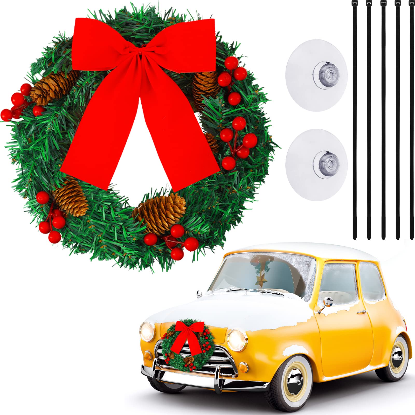 Dingion Christmas Car Wreath Decoration Large Artificial Truck Wreath with Red Bow Pinecones and Berries Decorative Christmas Car Ornament for Home