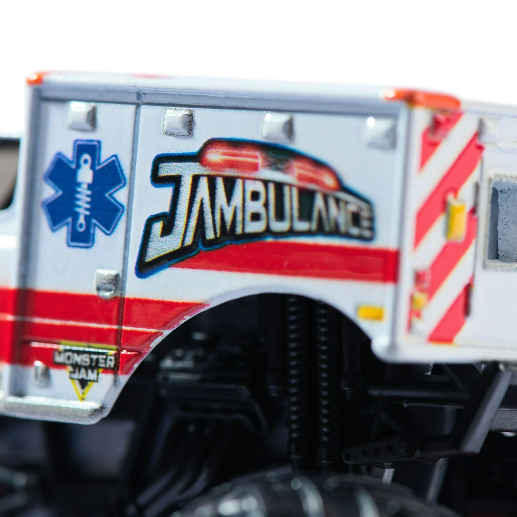 Monster Jam Jambulance Die-Cast Pojazd, skala 1:64, biała ambulans, zabawka Monster Truck, wiek 3 lat i więcej