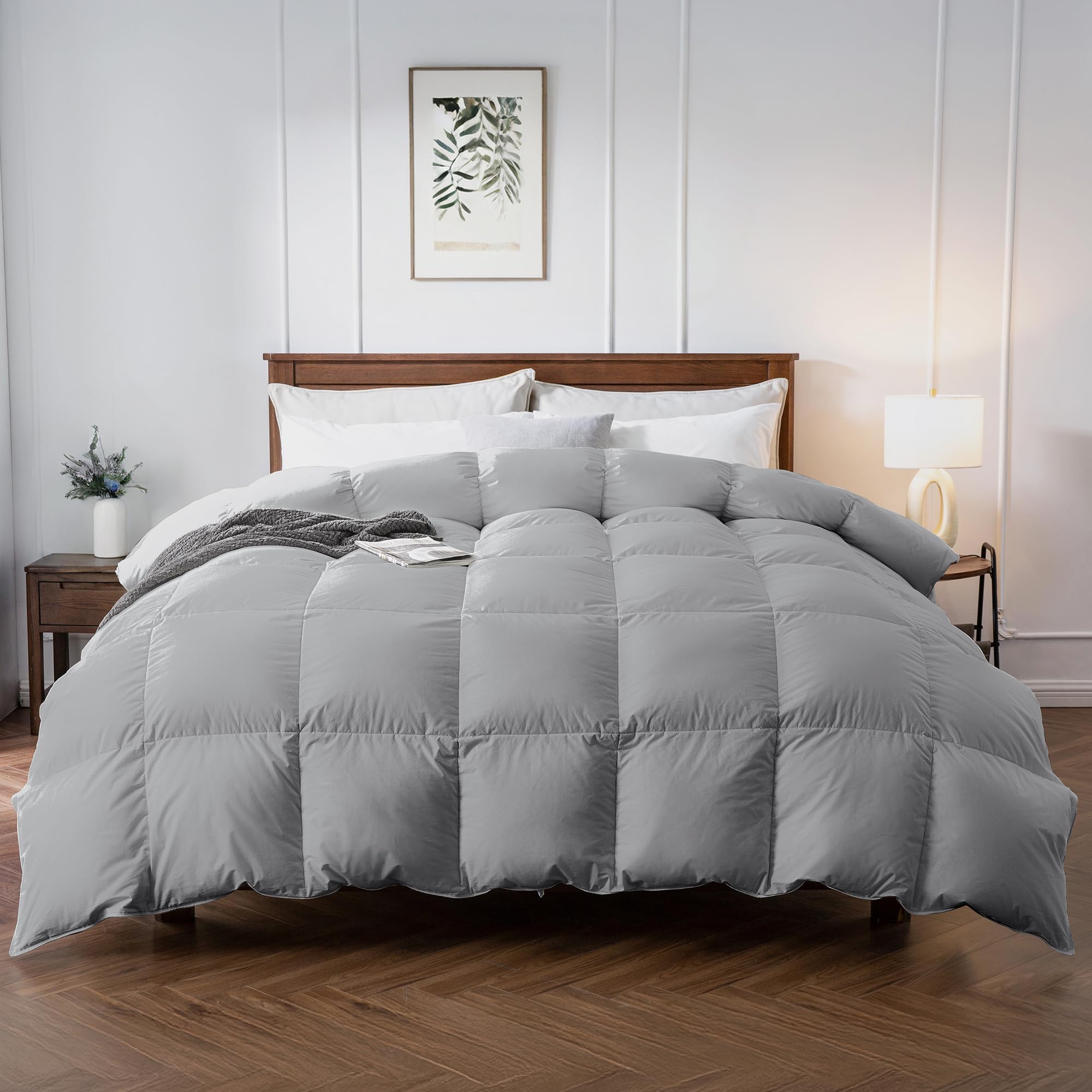 Premium Feather Down Comforter Queen Size 90" x 90", High Fill-Power Medium Warmth 100% Cotton Shell All Season Duvet Insert, Gray