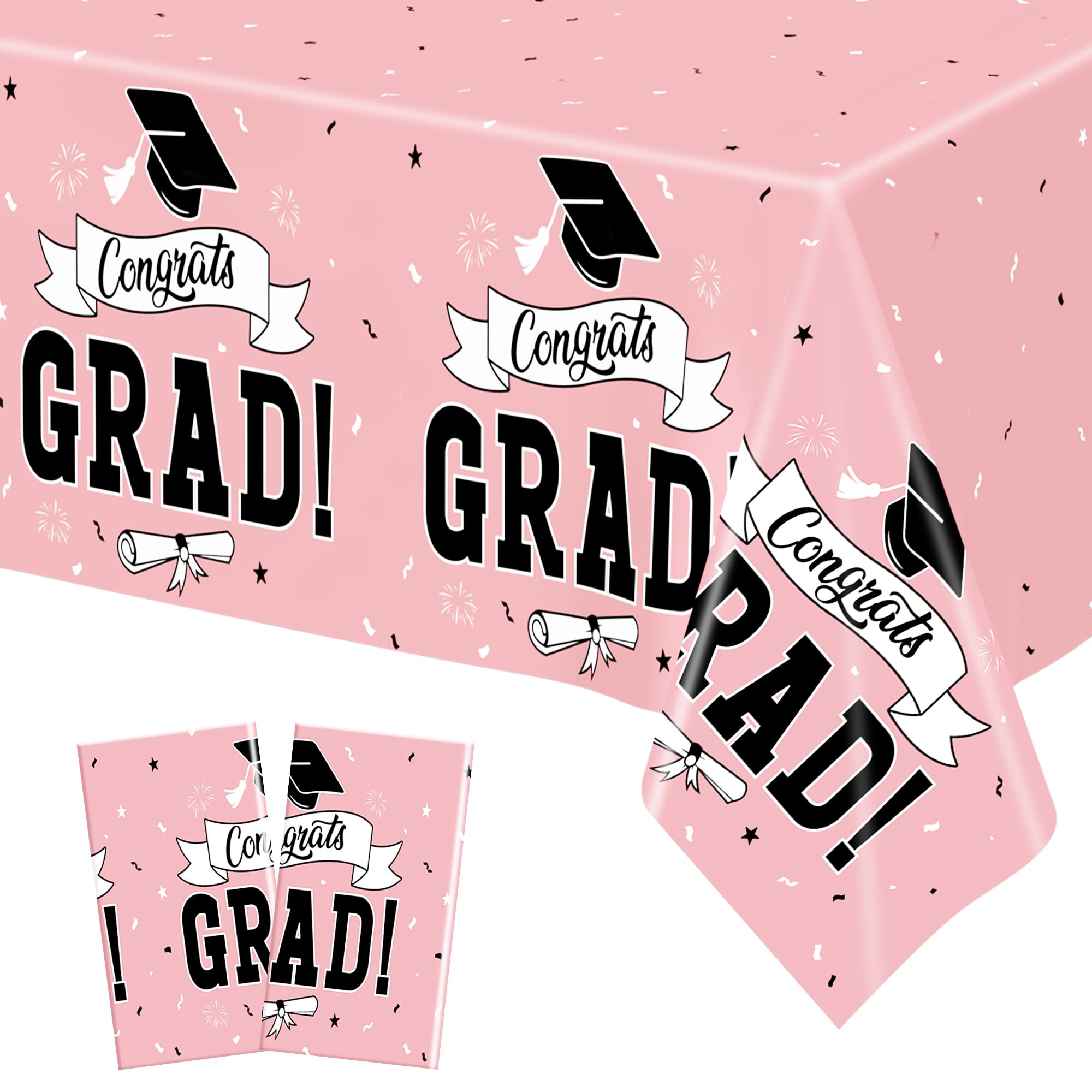 2 PCS Graduation Tablecloth, 108" X 54" Pink Graduation Decorations 2026, Disposable Plastic Tablecover for Class of 2026 Congrats Grad, Rectangle Table Covers for Grad Decor Party Supplies for Kids