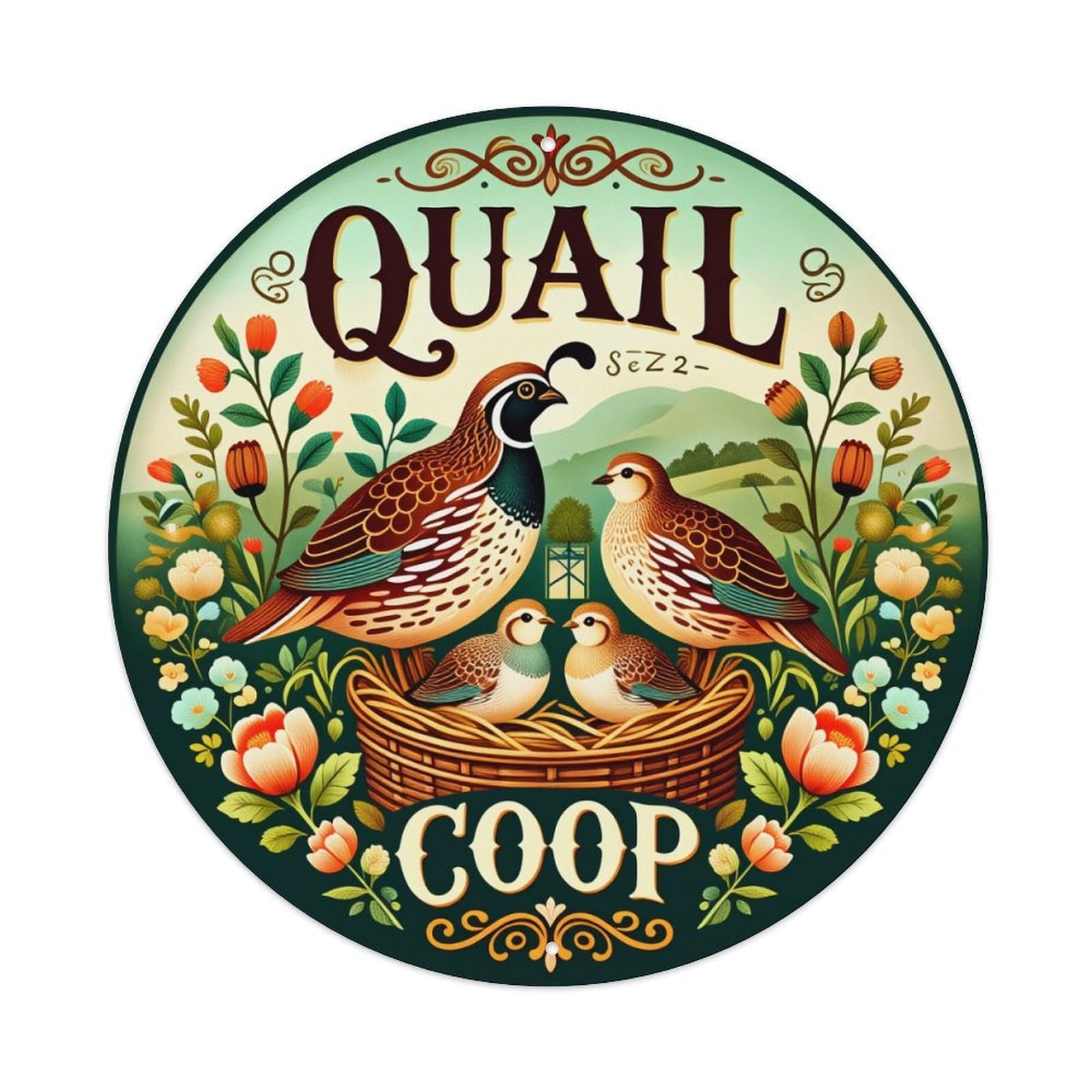 Quail Coop Nesting Birds Floral Round Tin Sign Retro Metal Sign for Cafe Bar Pub Home Game Room Gym Club Wall Decoration Vintage Metal Poster 8x8 Inch