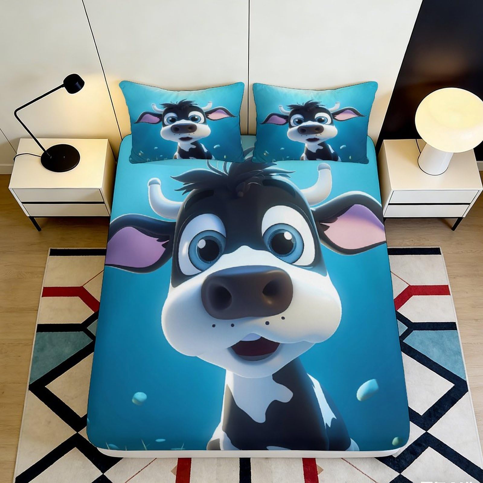 Uynsixtme Style-6 3D Printed Cartoon Cow Fitted Sheet Microfiber Deep Pocket Non-Slip Bedroom Bedding Cartoon Cow Mattress Fitted Cover Washable For Teens Adults 90X200x25cm