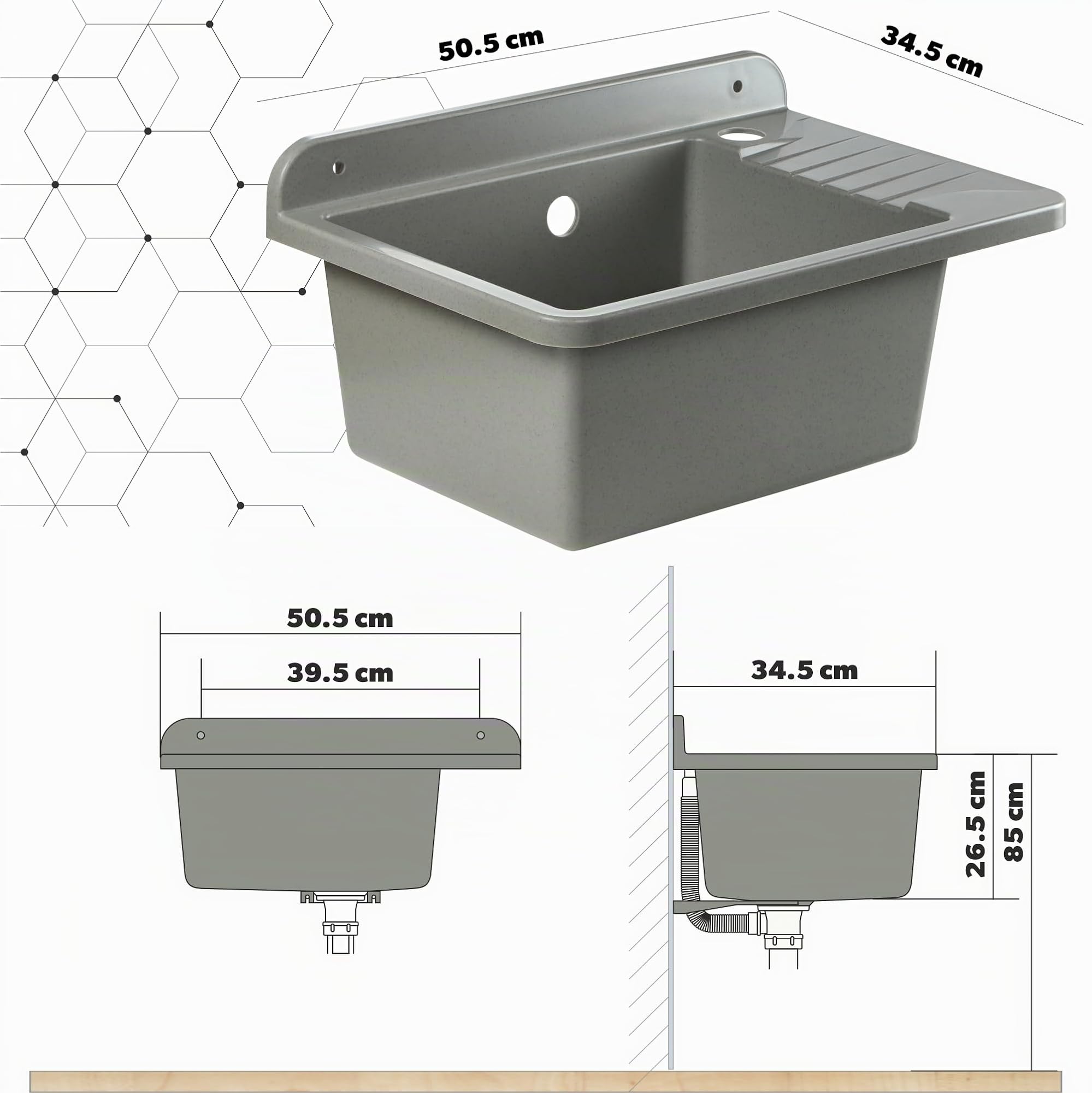 GOSPO Lavello da Lavoro in Polipropilene con Rubinetto e Sifone - 50,4 x 34 x 26,5 cm Grigio - Per Igiene in Officina - Kit Montaggio Incluso superficie liscia anti-sporco