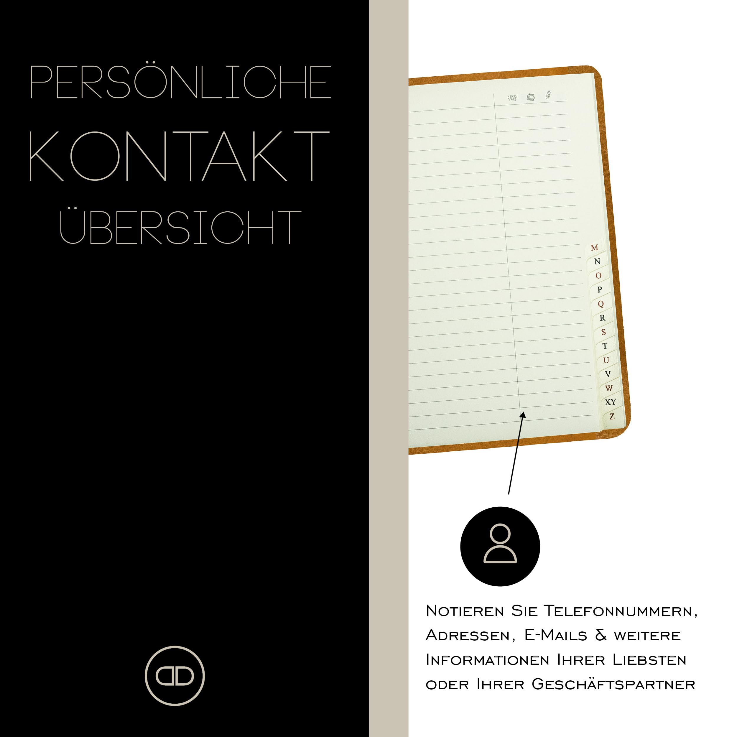 DELMON VARONE - Personalisierbares Adressbuch DIN A6+ gebunden mit A-Z Register Vintage Leder braun - Telefonbuch klein mit leicht wattiertem Hardcover Einband & alphabetischem Telefonregister