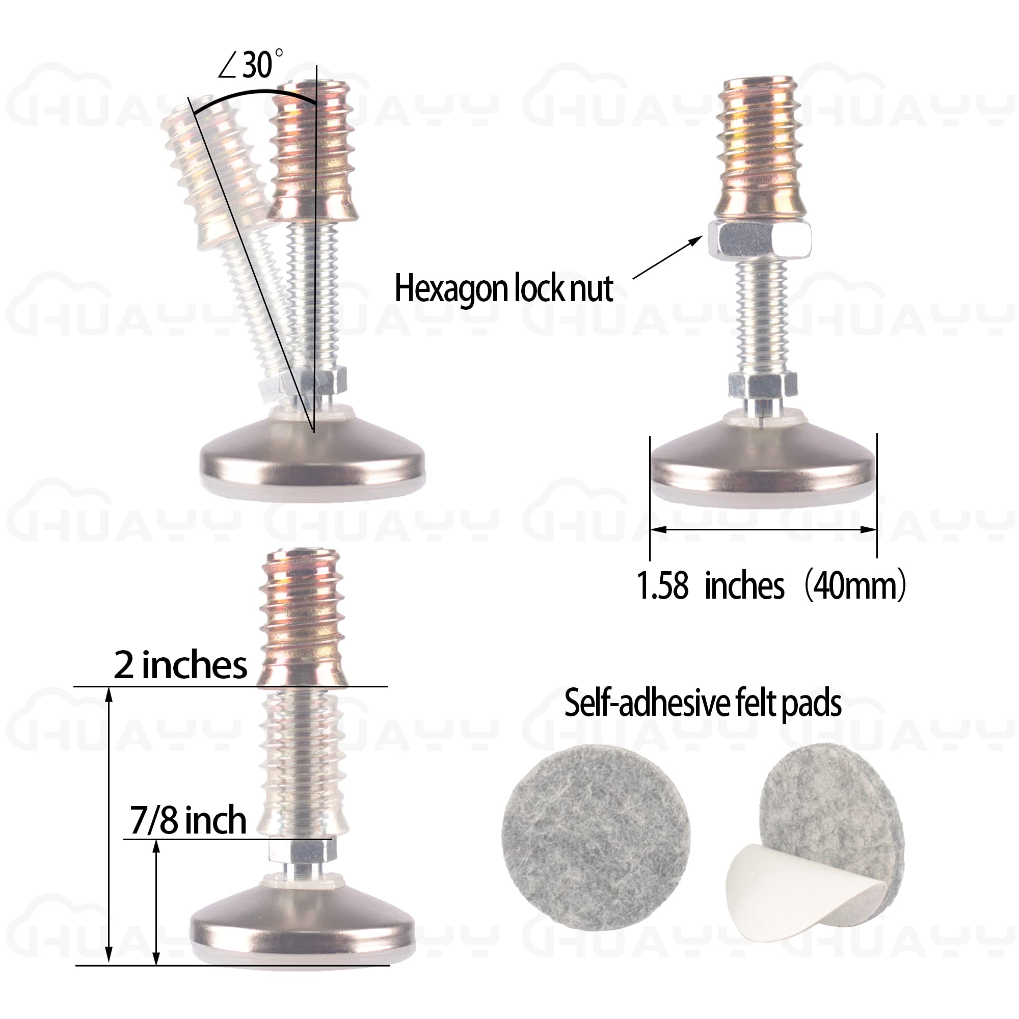 HUAYY Furniture Levelers Swivel Feet,Angle Height Adjustable(3/8-16 Nut Inserts Kits---8 Sets),Heavy Duty Leveling Legs for Table Chairs Cabinets Sofa ,with High-Density Self-Adhesive Felt Pads