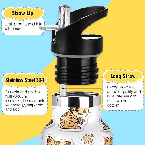 Vista 3 de Botellas de agua reutilizables con popote de doble pared con aislamiento al vacío sin BPA a prueba de fugas para la escuela y deportes al aire