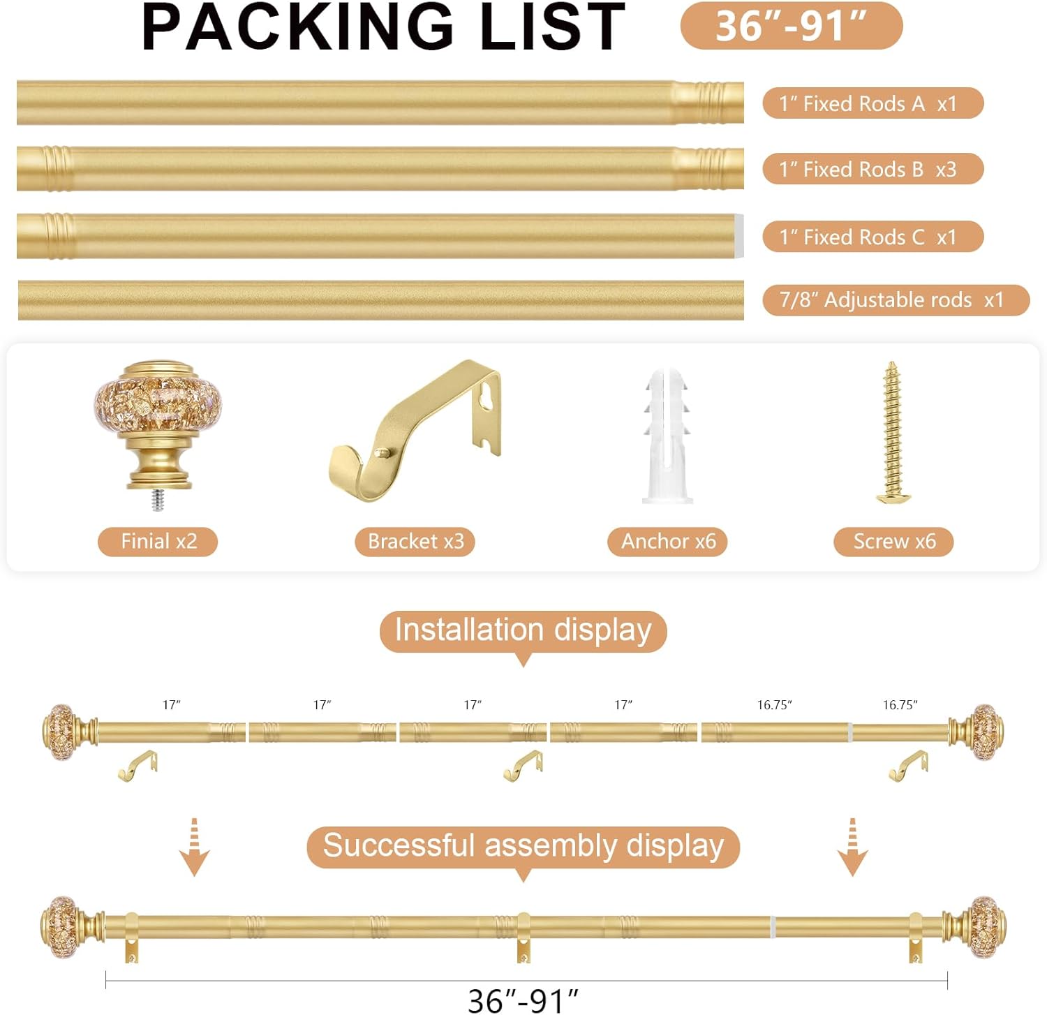 Gold Curtain Rods for Windows 48 to 84 Inch, Decorative Vintage Crystal 1'' Diameter Curtain Rod with Gold Foil Finials, Adjustable Heavy Duty Easy Install Drapery Pole Set for Farmhouse, Bedroom