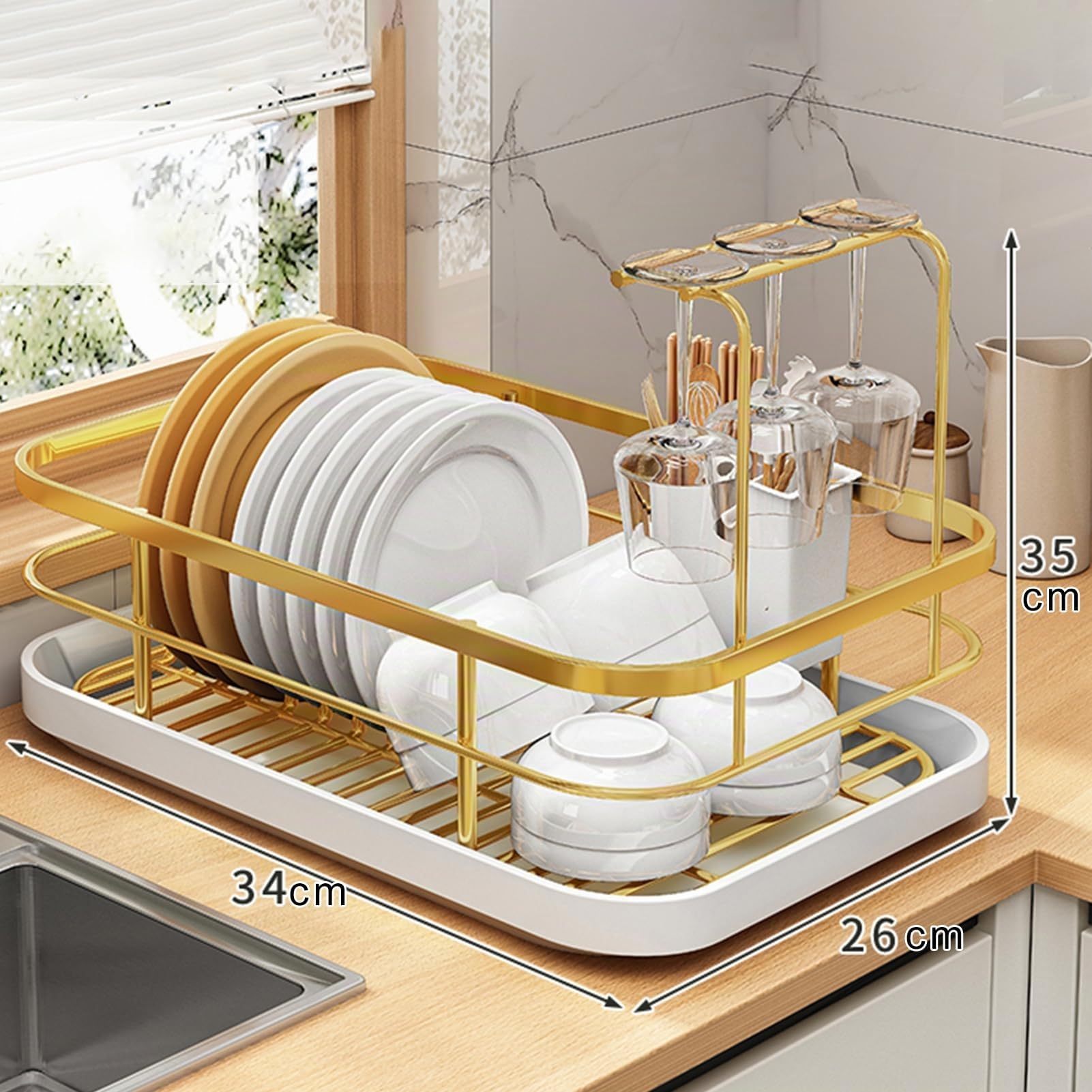 Égouttoir à vaisselle réglable en acier inoxydable avec support à couverts - Design ventilé - Doré