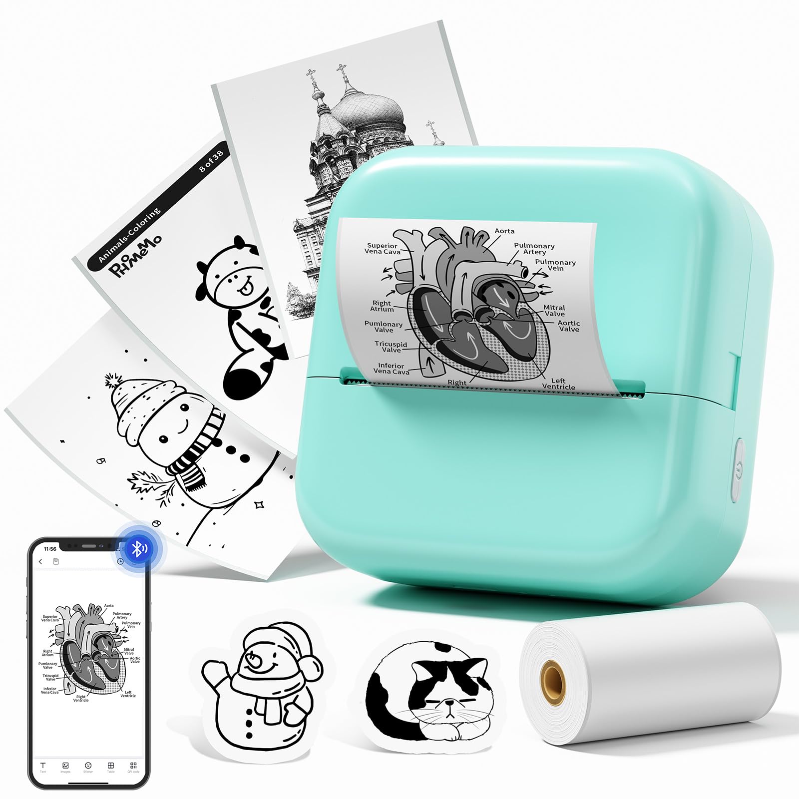 Sticker Printer M02X Inkless Mini Print Pod Bluetooth Portable Sticker Maker Machine Thermal Printer Come with 1 Roll Paper for Study Notes,Memories, Photo,Gift