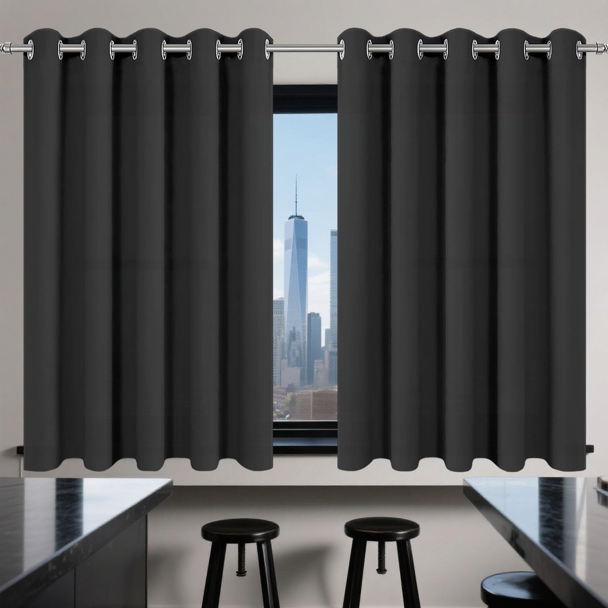 Gardinen mit Kräuselband 130 x 300 cm Thermo Vorhang Gegen Kälte Und Hitze Blickdichte Vorhänge Verdunklungsvorhänge mit Ösen, Waschbar für Jedes Fenster, Schwarz