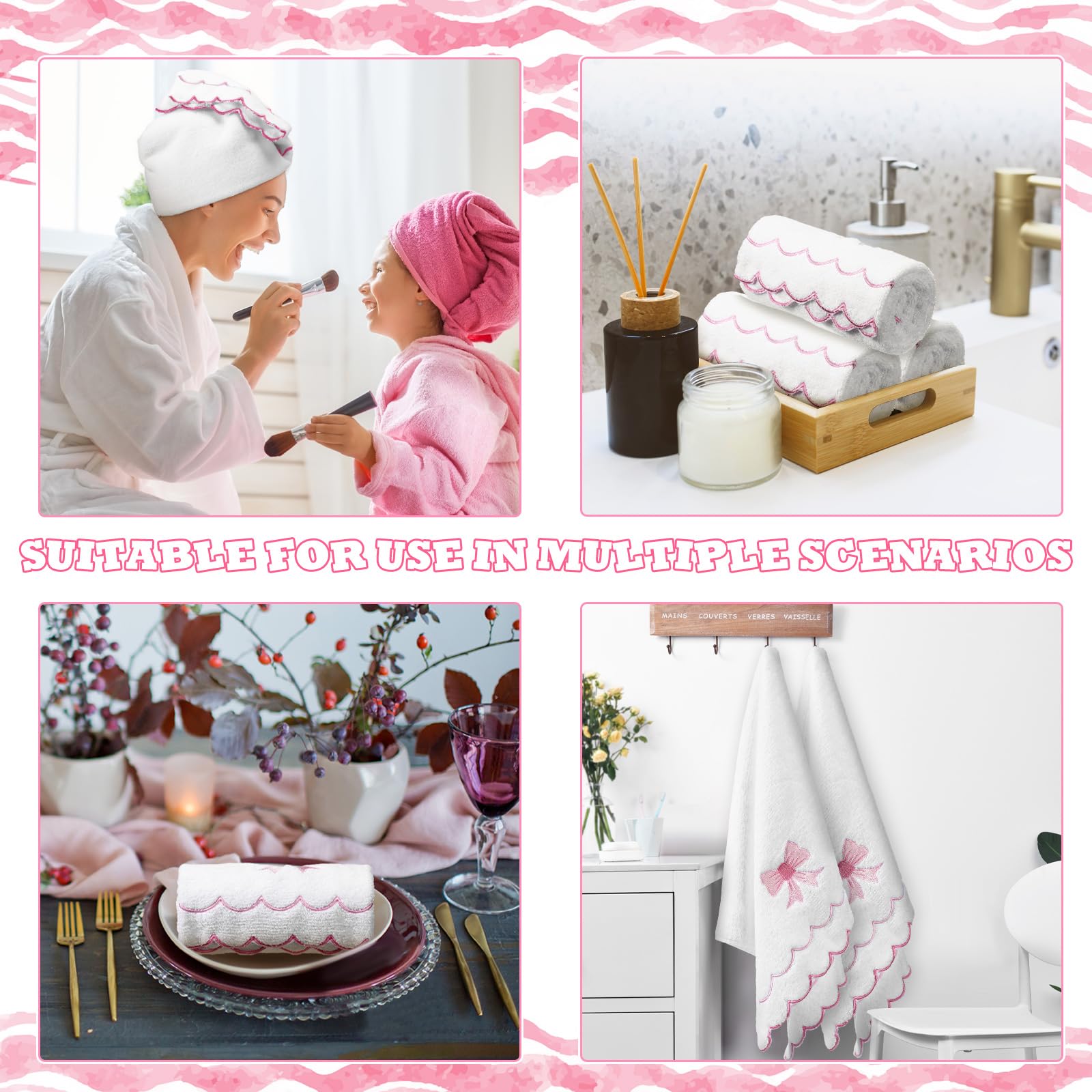 Hahafelt 2 Toallas de Mano festoneadas 100% algodón para baño, 15.75 x 27.56 Pulgadas, 500 g/m², Lindas y absorbentes Bordadas para Hotel, SPA, Deporte, Yoga (Rosa, Lazo)