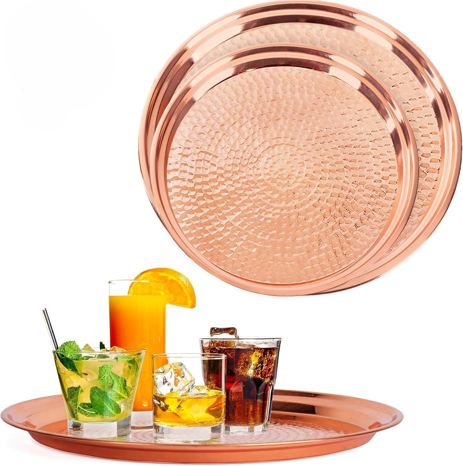 Bonito Home 2-Pack Rose Gold Copper Serving Trays - 15" Large & 13" Medium Round Hammered Platters for Parties, Decor & Gifts