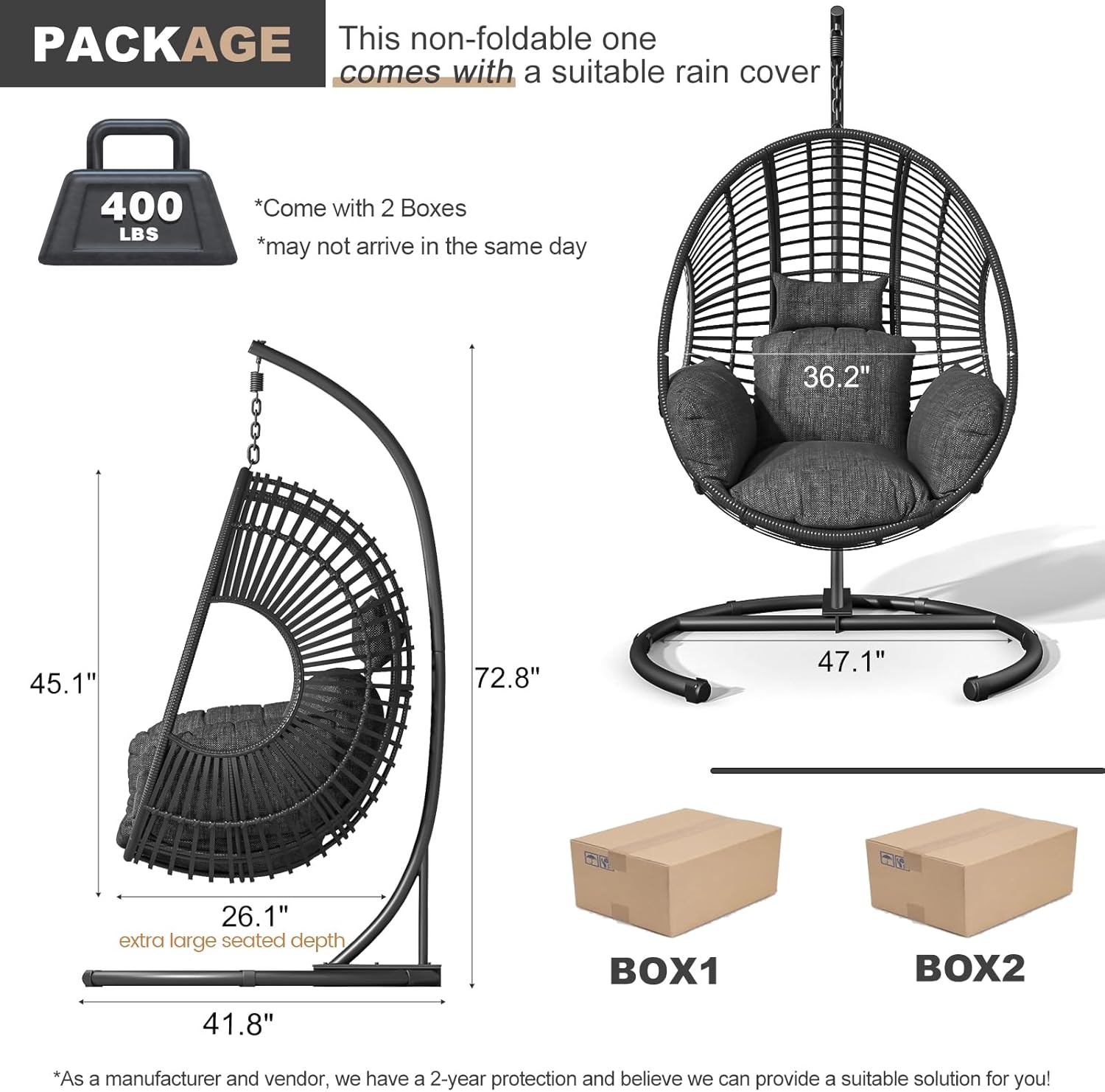 Oversized Hanging Egg Chair with Stand Outdoor Wicker Swing Chair Comfy Hammock Egg Shaped Chair 400lbs Capacity for Patio, Garden and Balcony