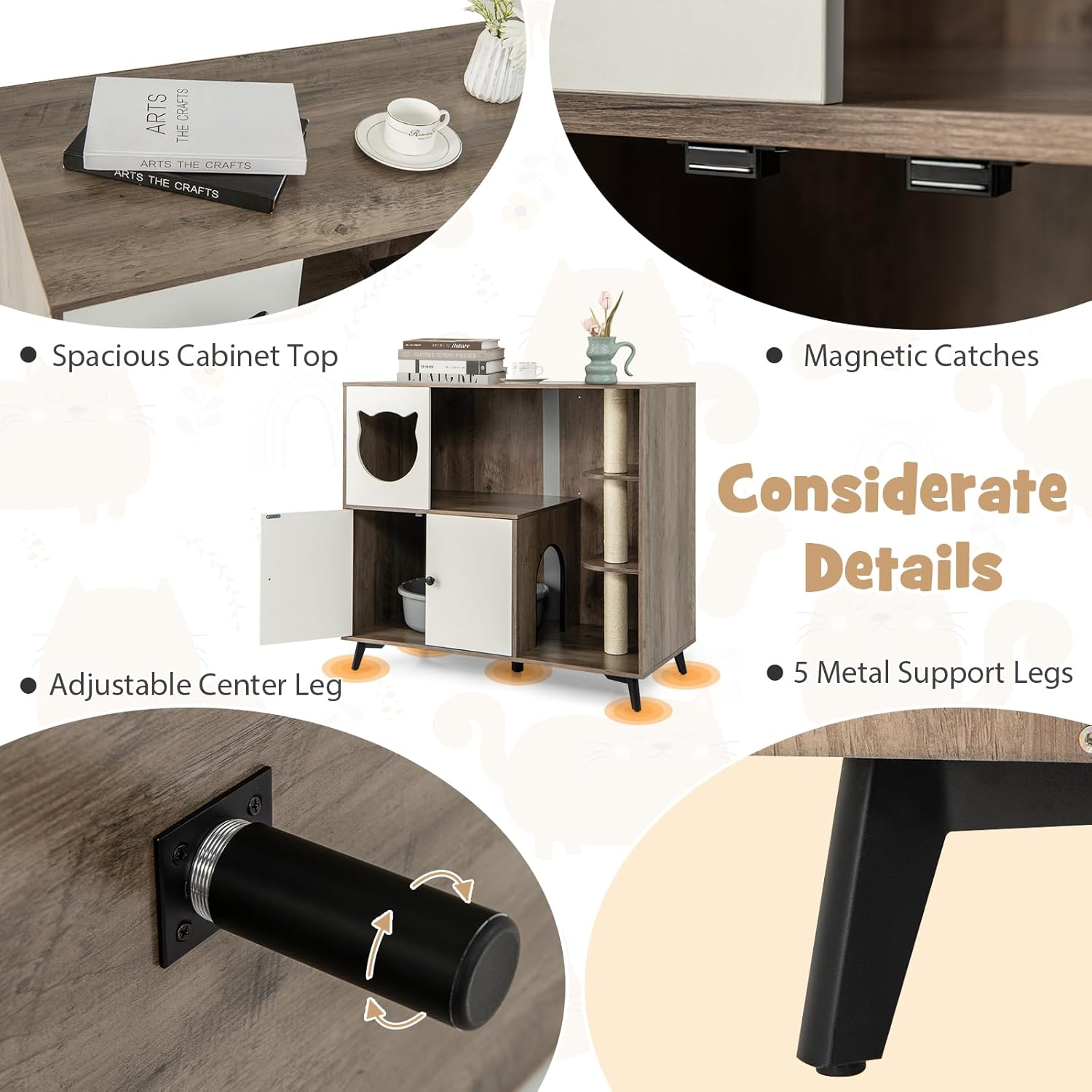 Tangkula Cat Litter Box Enclosure, 5-in-1 Enlarged Hidden Litter Box Furniture with Cat Condo, 3 Scratching Posts, 5 Metal Support Legs, Cat Washroom, Multi-Layer Cat House for Indoor Cats