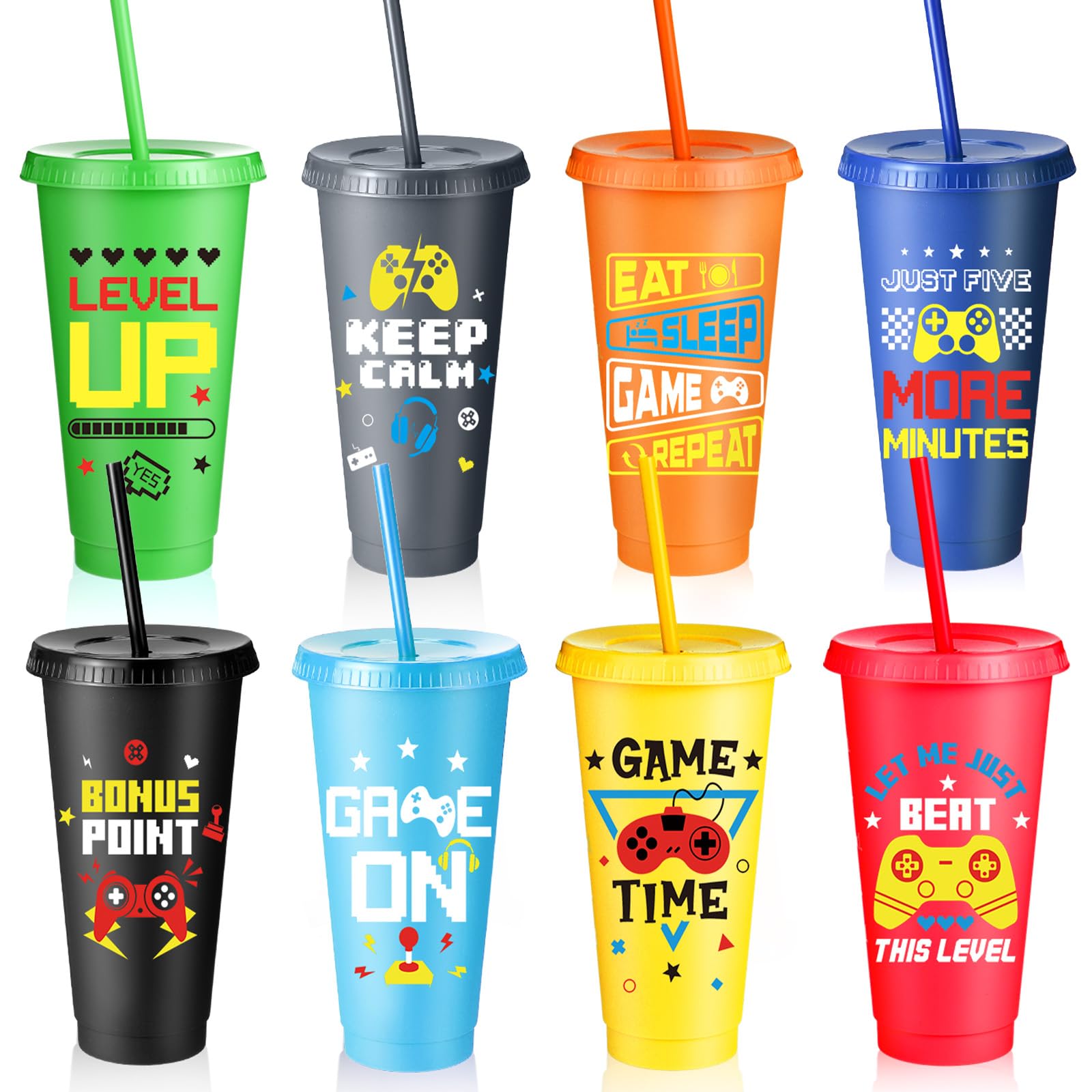Potchen 8 vasos de plástico reutilizables para videojuegos con tapas y popotes, para divertidos, recuerdos de fiesta de cumpleaños