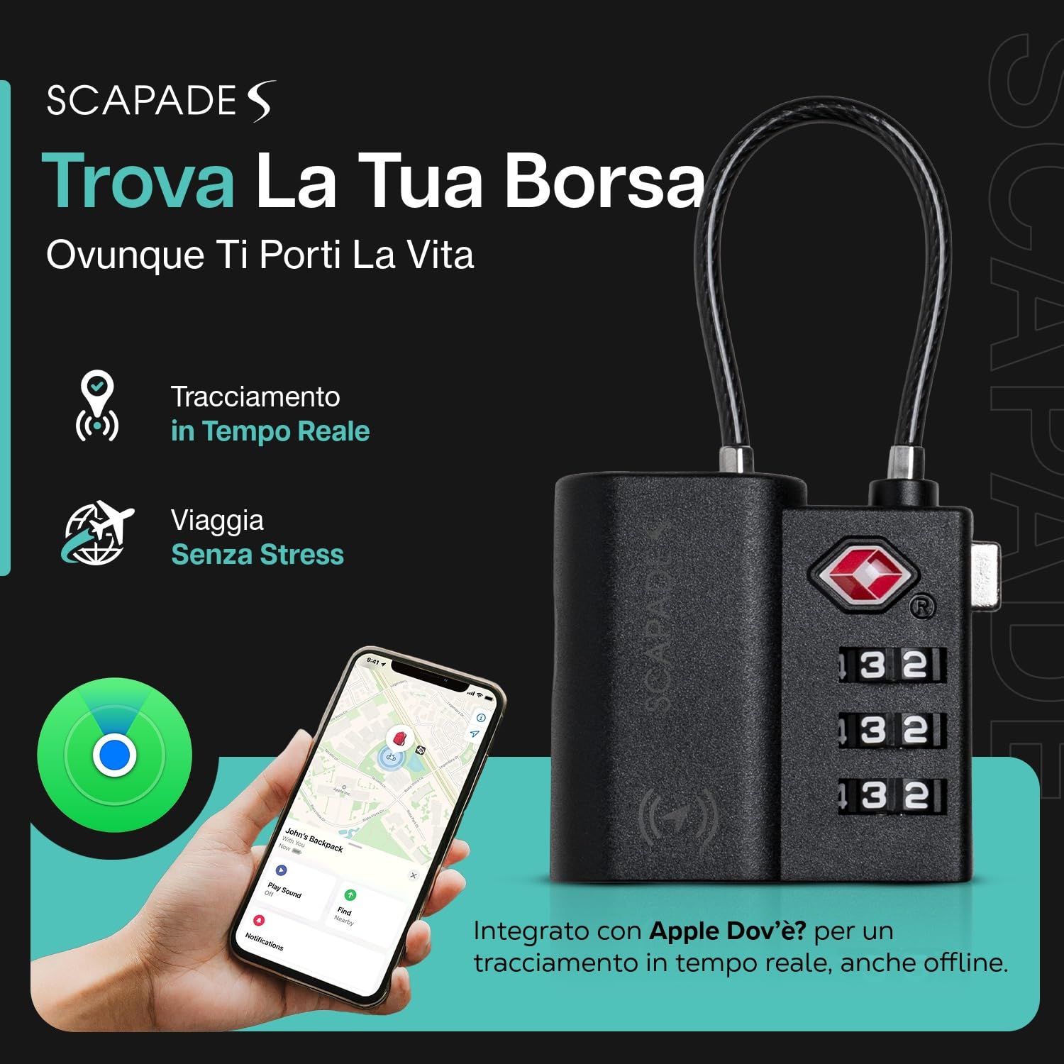 Scapade AirLock – Lucchetto intelligente per valigie approvato TSA con Apple Find My Tracking, batteria ricaricabile USB-C, lucchetto da viaggio ultra resistente per bagaglio a mano e bagaglio