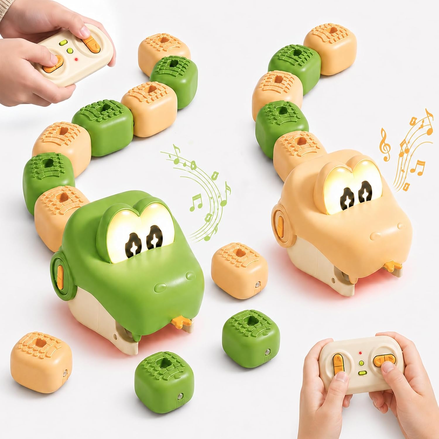 2 Pack Magnetic Snake Game Toy, Remote Control Snake Game with Light and Sound, 2.4GHz Rechargeable RC Collecting and Racing Toy with 16 Magnetic Blocks for Kid Boys Girls Teens Adults