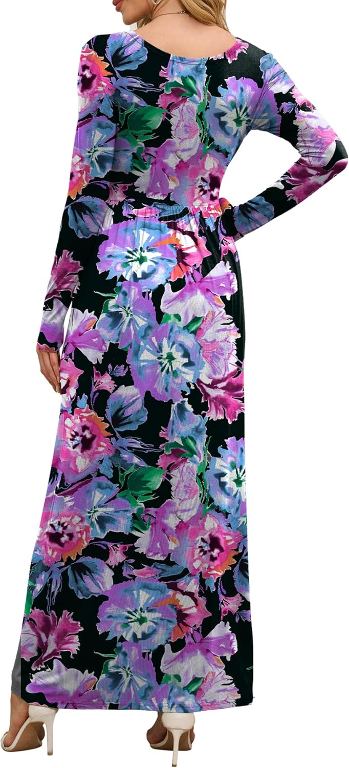 DEARCASE Women's Maxi Dress Long Sleeve Crewneck Loose Plain Casual Empire Waist Fall Party Long Dresses with Pockets - Image 3