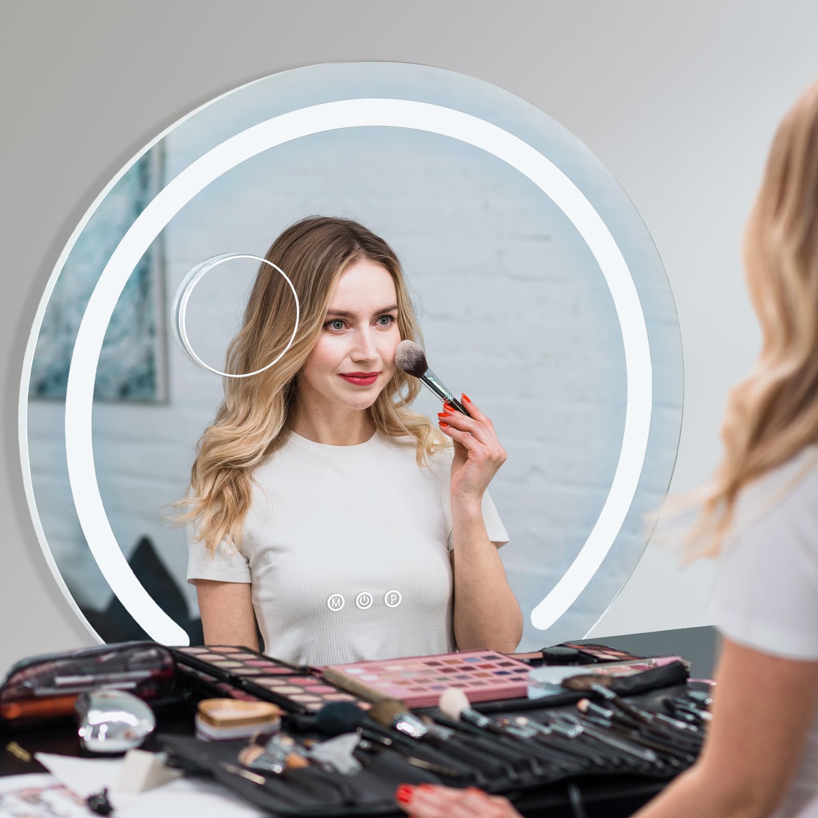 YU YUSING Hollywood Espejo Maquillaje con Luz, 50x48cm, 3 Modos Iluminación Regulables, Espejo Tocador Rondo, Espejos de Mesa, USB, 10x, Vanity Mirror Tocador Dormitorio, Controles Táctiles, Blanco