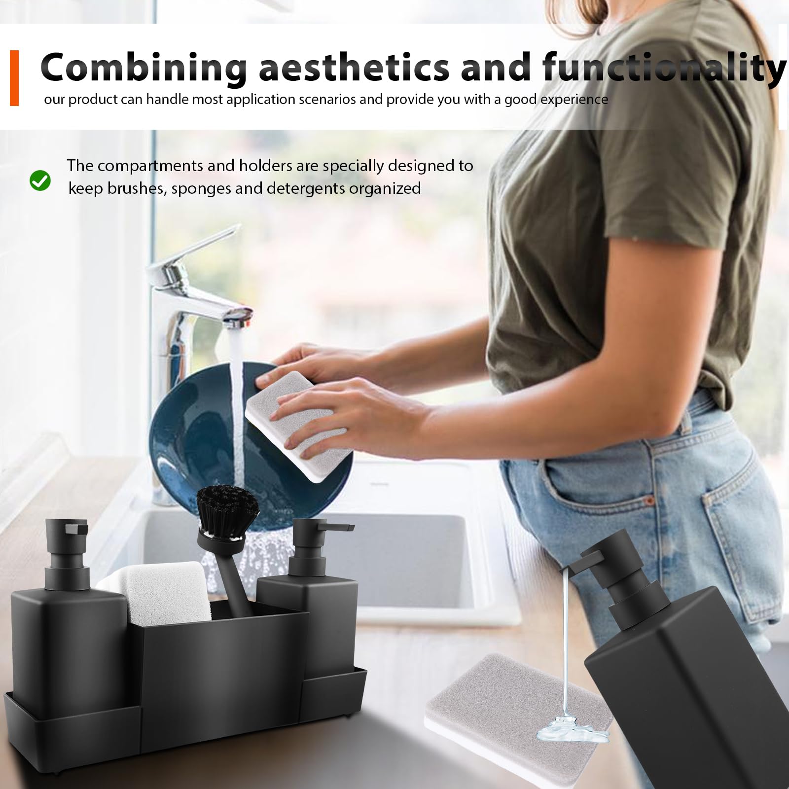 thumbnail: PRITOK Zeepdispenser Met Spons & Borstel – Keuken Organizer Set Met Antislip Mat Voor Aanrecht