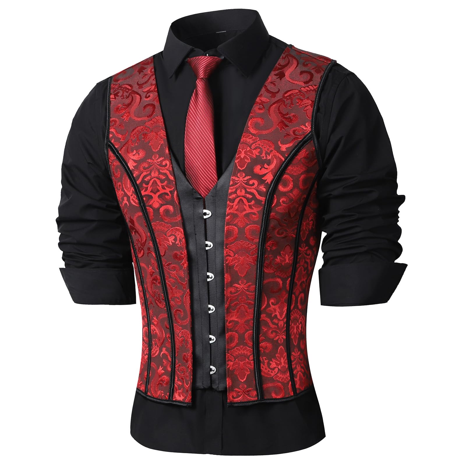huamyth Mens Corset Vest Wasit Trainer Red Print Medieval Waistcoat Lace Up Bones Formal Tops Wedding Stage-picture-26