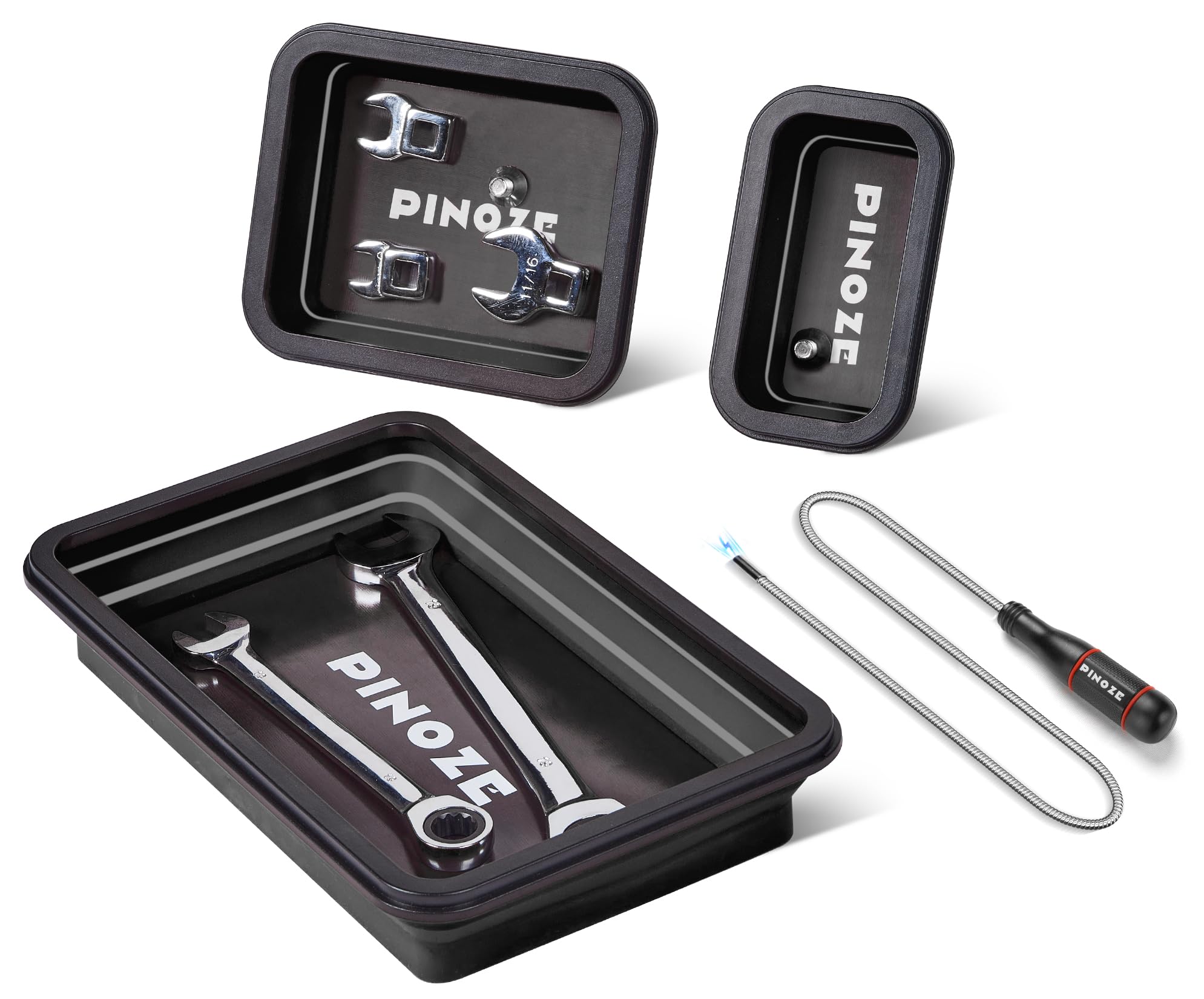 PINOZE Collapsible Magnetic Parts Organizer Trays & 12" Flexible Magnetic Pickup Tool, 3 Different Size Magnet Tool Trays & Pick-Up Sweeper for Screw, Bolts, Nuts, Washers, Pins and Metal Parts, Black