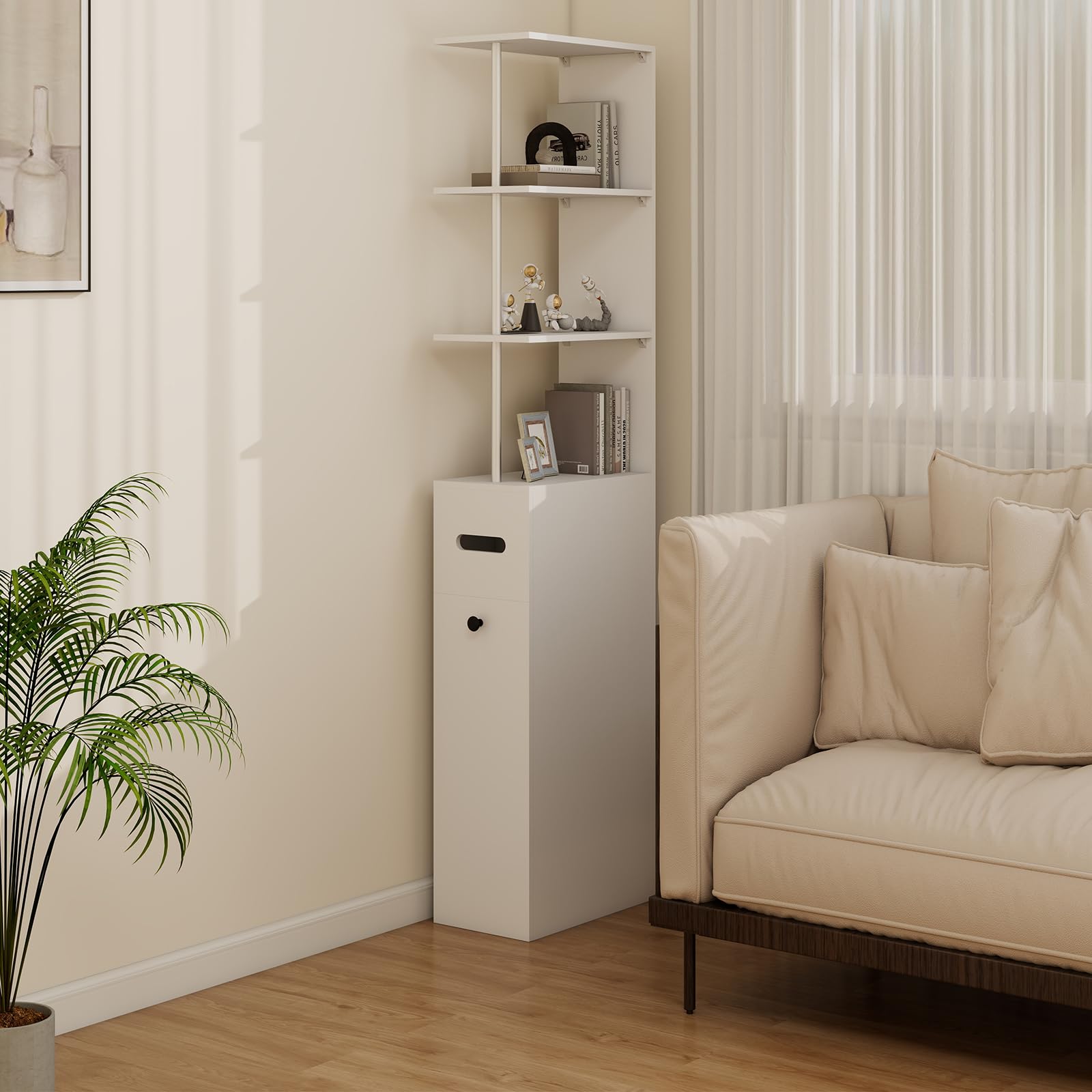YU YUSING Mueble de Baño Estrecho de 23cm con 2 Cajones 4 Ruedas, Armario Alto Independiente con 3 Niveles Abiertos 167cm, Columna de Baño Blanco, Moderno para Salón Aseo Dormitorio