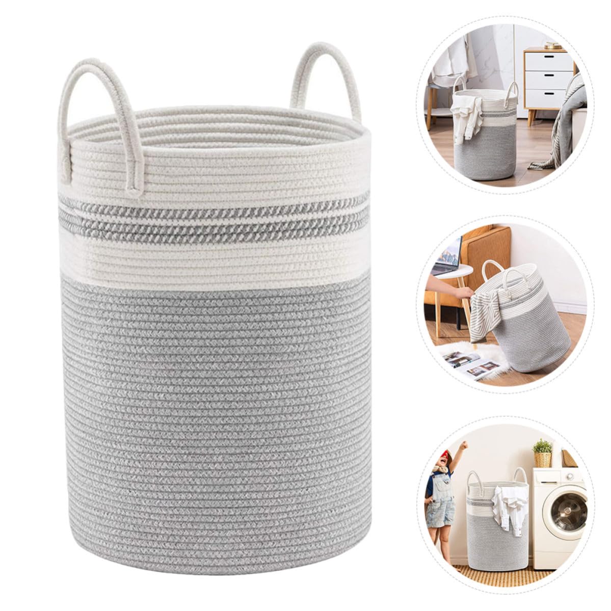 Cesto Portaoggetti in Corda di Cotone Bianco Grigio Pieghevole
