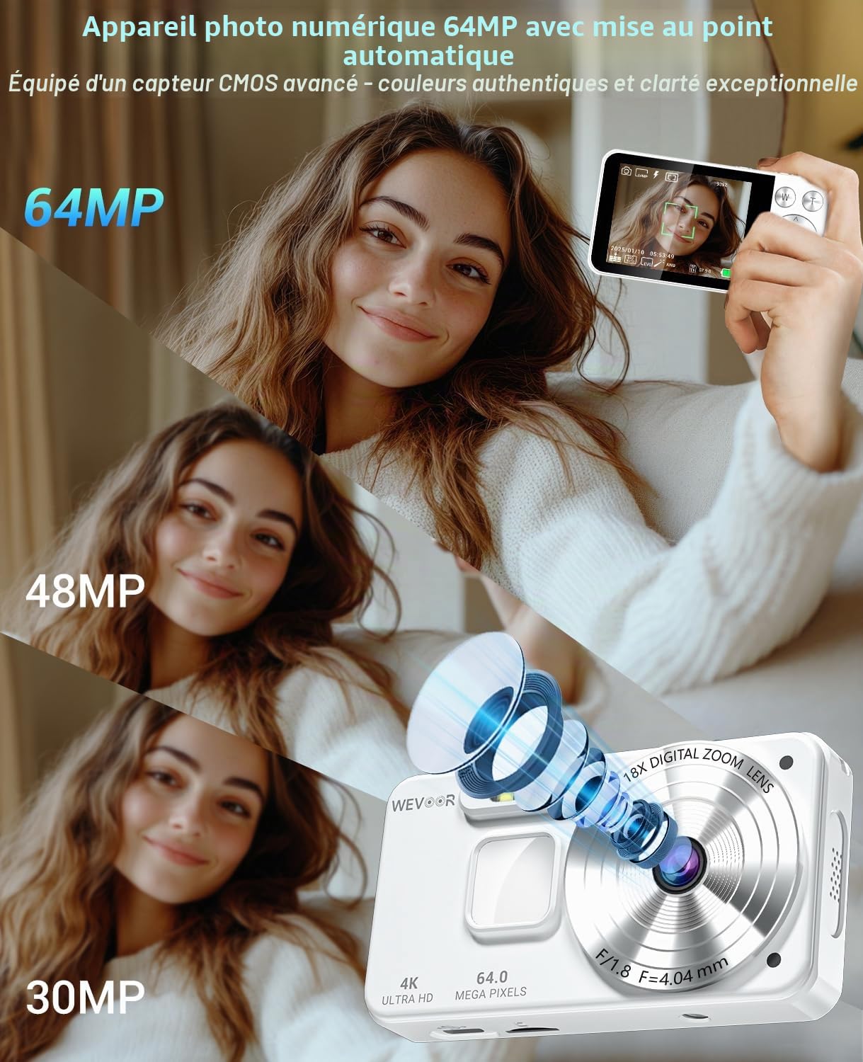 Appareil Photo Numérique 4K 64MP, Wevoor 64 GB Appareil Photo Numérique Compact avec Écran 2,8", 2000mAh Batterie, Appareil Photo Portable pour Débutants Enfants Adolescents - Blanc