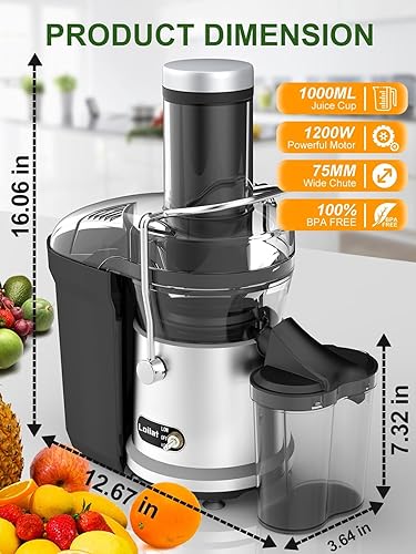 Miniatura 8 de Máquina exprimidora, exprimidor de 1200 W con canal de alimentación de 3 pulgadas para frutas enteras y verduras, extractor centrífugo de jugo de