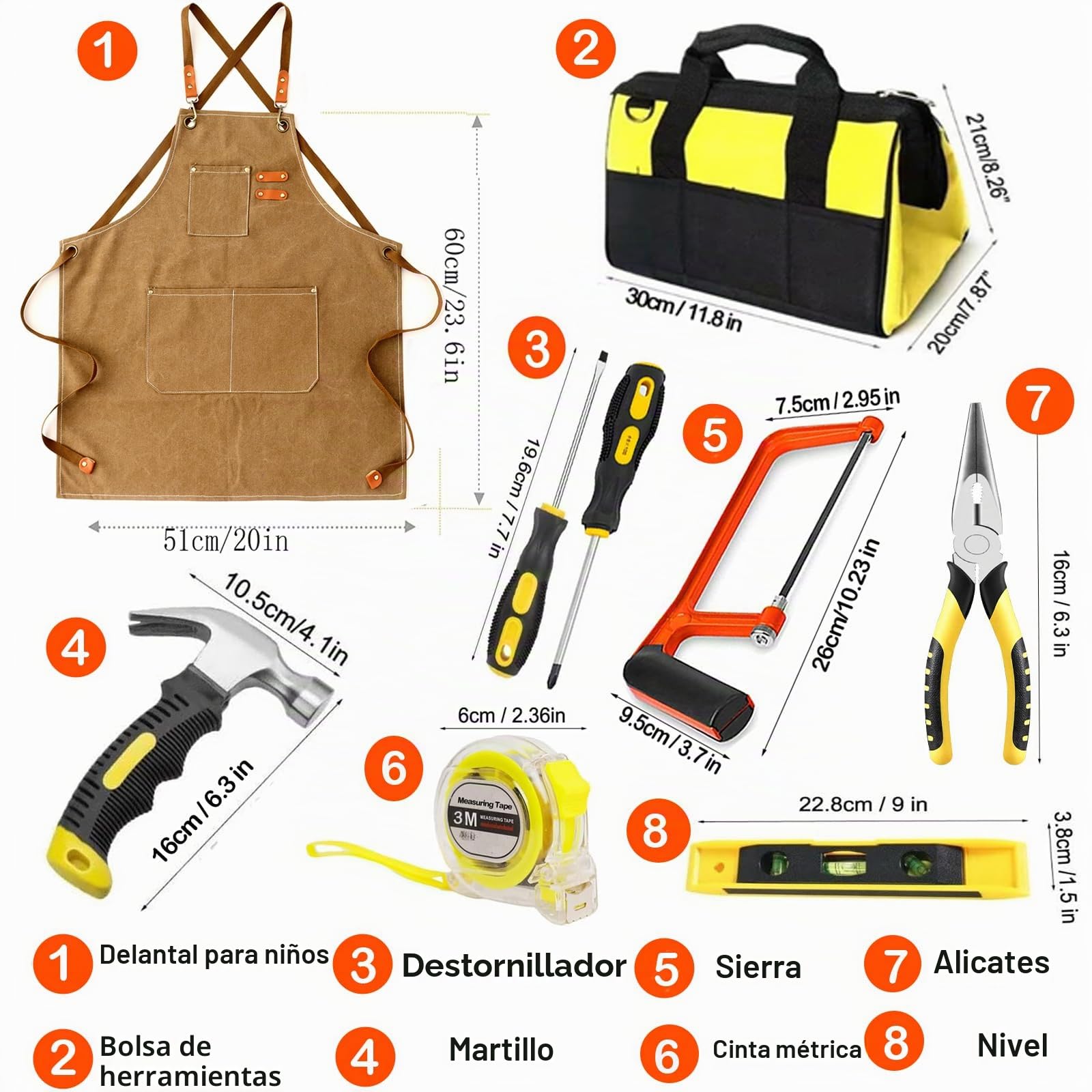 Juego de herramientas para niños, 38 piezas, con bolsa de herramientas, delantal, sierra, regalo educativo