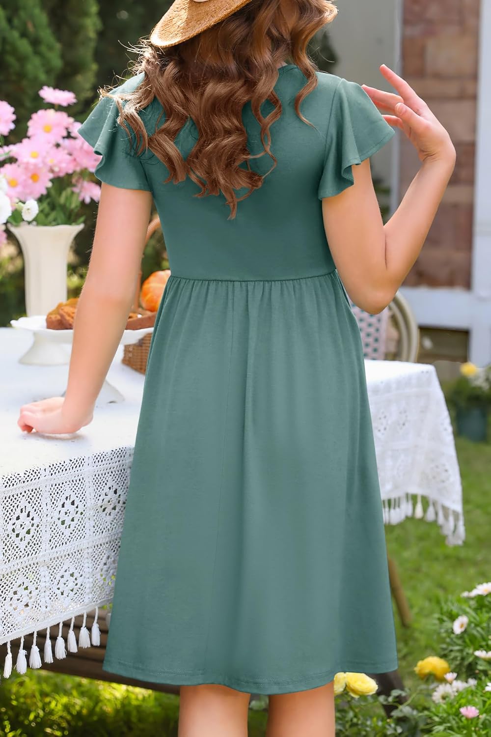 YOVION Girls Summer Ruffle Sleeve Smocked A-Line Button Down Casual Sundress with Pockets for 6-12 Y - Image 4