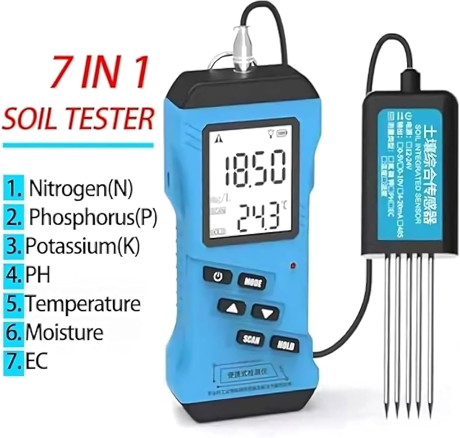 7 in 1 Soil Tester with LCD Display, Nitrogen Phosphorus Potassium NPK Tester, PH, Moisture, Nutrient Conductivity, Ec Meter, Garden Soil Test Kit for Lawn, Farm, Indoor/Outdoor Plants.
