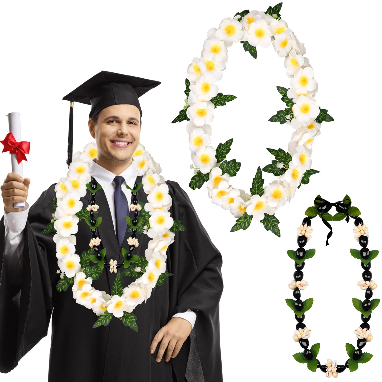 2 Pcs Hawaiian Graduation Leis White Hawaiian Plumeria Leis Kukui Nut Necklace Tropical Graduation Leis for Graduation Luau Party Accessories Beach