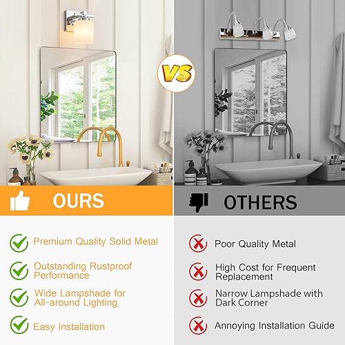 Miniatura 8 de 1 lámpara moderna de baño sobre espejo, luces cromadas para pared de baño con pantallas de vidrio blanco lechoso, enchufe E26 (bombillas no