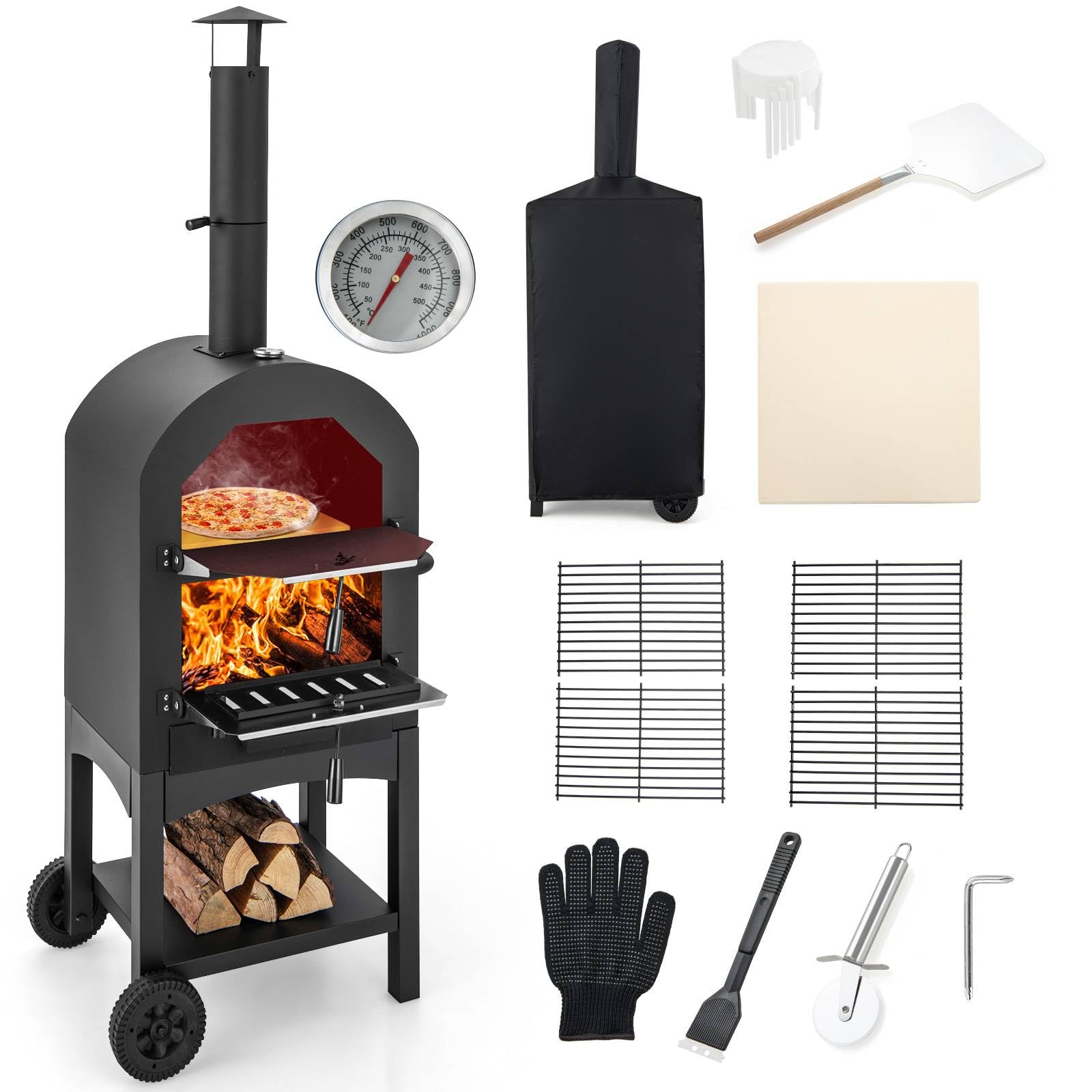 Outdoor Pizza Oven, Wood-fired Pizza Maker with Waterproof Cover, Built-in Thermometer, Patio Cooking Grill for Camping Backyard BBQ (No Side Storage Shelves, 64 x 53 x 162cm)