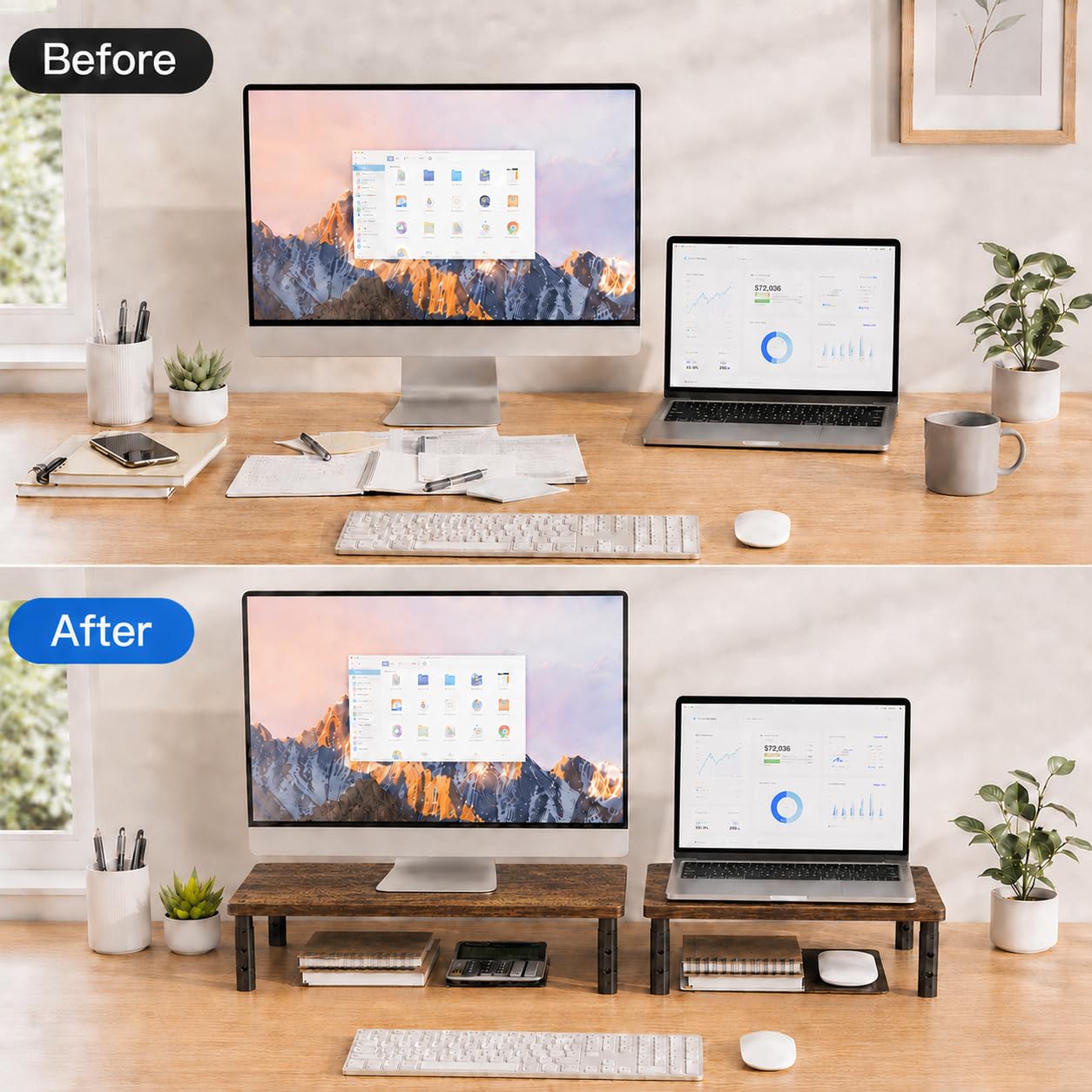 OPNICE Verstellbarer Monitorständer für Schreibtisch, Computer- und Laptop-Ständer, Schreibtisch-Organizer und Zubehör, Büro-Schreibtischzubehör und Arbeitsplatz-Organizer für Heimbüro, braunes Holz