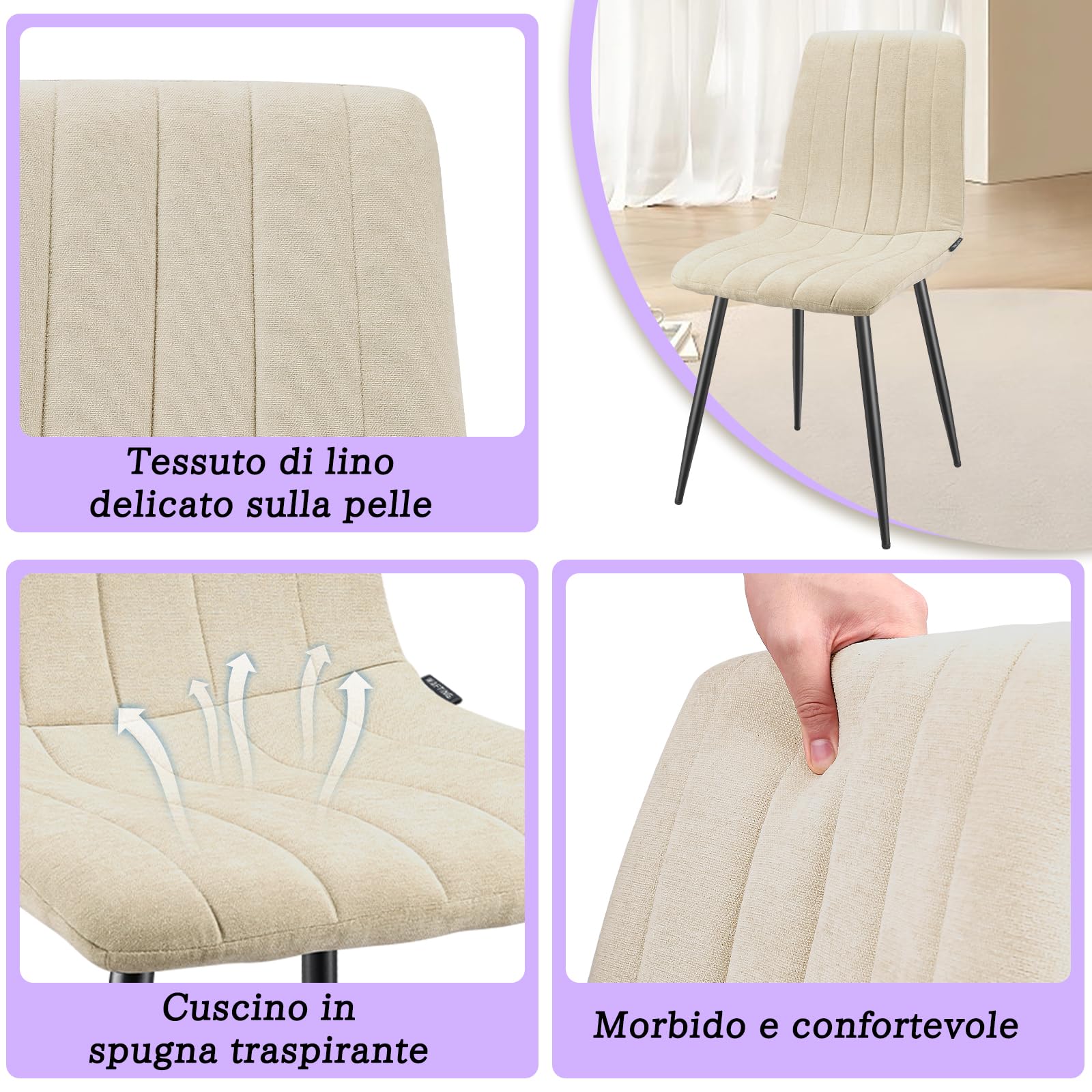 WAFTING Set di 4 Sedie da Pranzo, Sedie a Righe Imbottite con Schienale Alto con Pieds in Metallo, per Sala da Pranzo, Soggiorno, Cucina e Reception, Beige