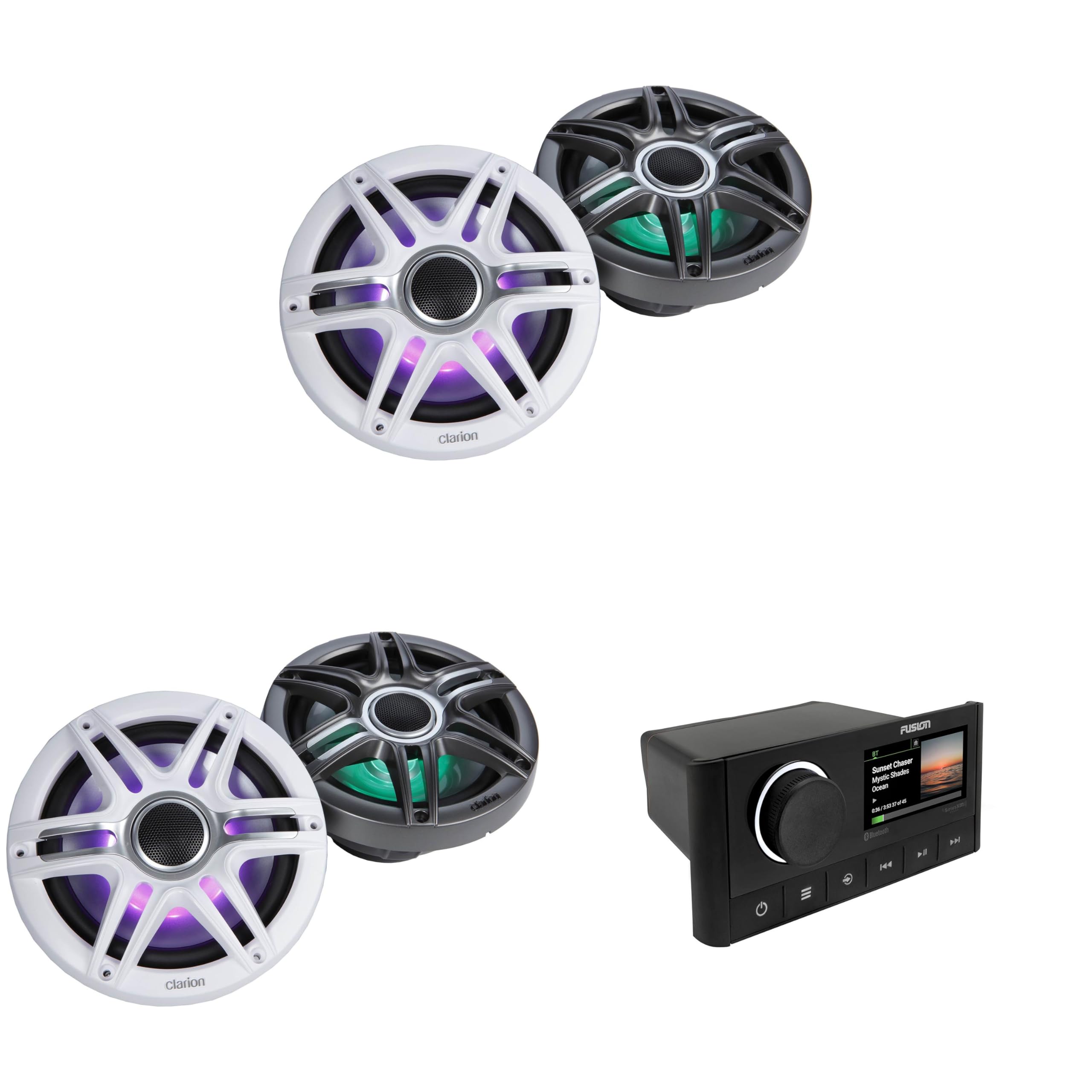 Fusion MS-RA670 Apollo Source Unit w/ (2 Pair) Clarion CMSP-771RGB-SWG Premium 7.7-inch Coaxial Marine Speakers with Built-in RGB Illumination (Includes White & Gray Sport Grilles)